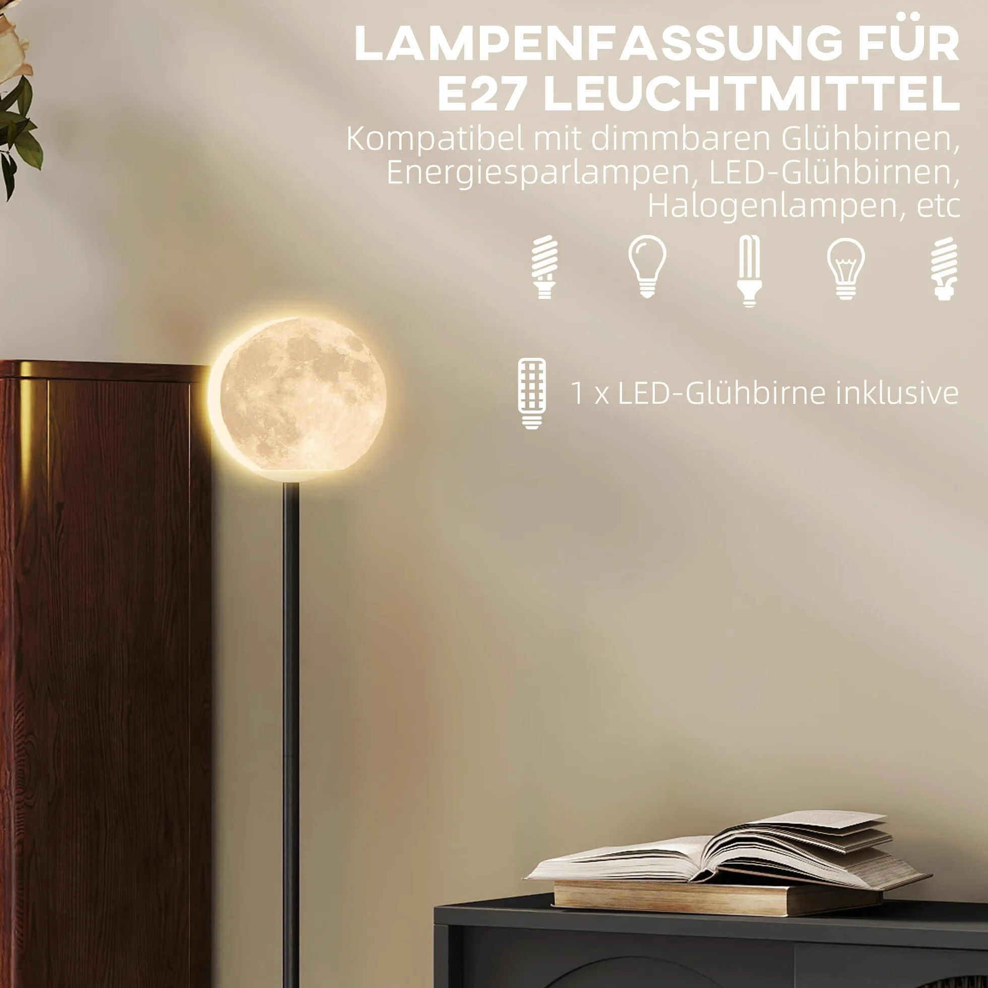 HOMCOM 3D Moon Floor Lamp 140 cm Standing Lamp LED Black