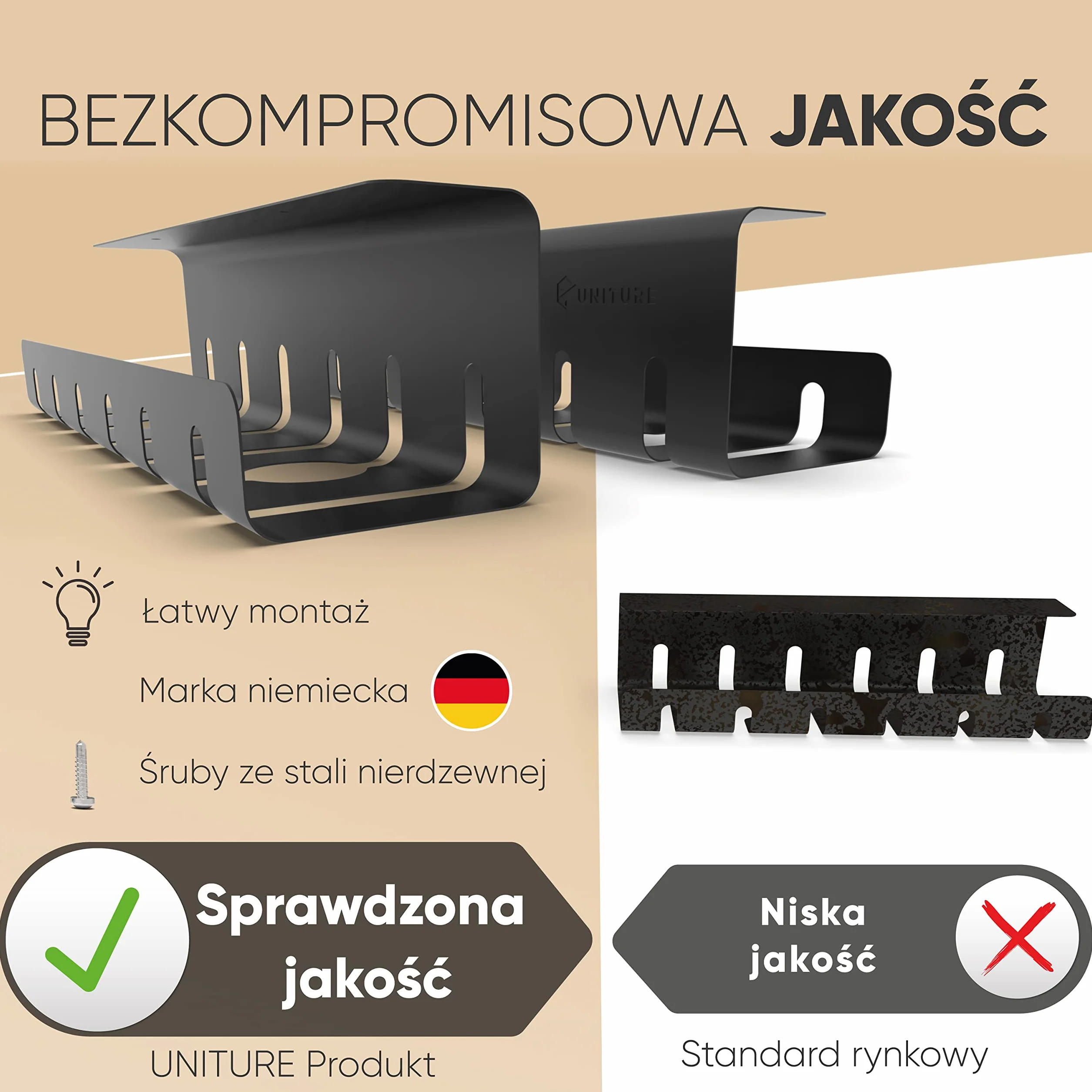 UNITURE® Kanały kablowe na biurko do porządnego zarządzania kablami – uchwyt na kabel biurkowy z prostym montażem i ponadczasowym wzornictwem – 2 x 40 cm – prowadnica kabla do domowego biura (czarna)