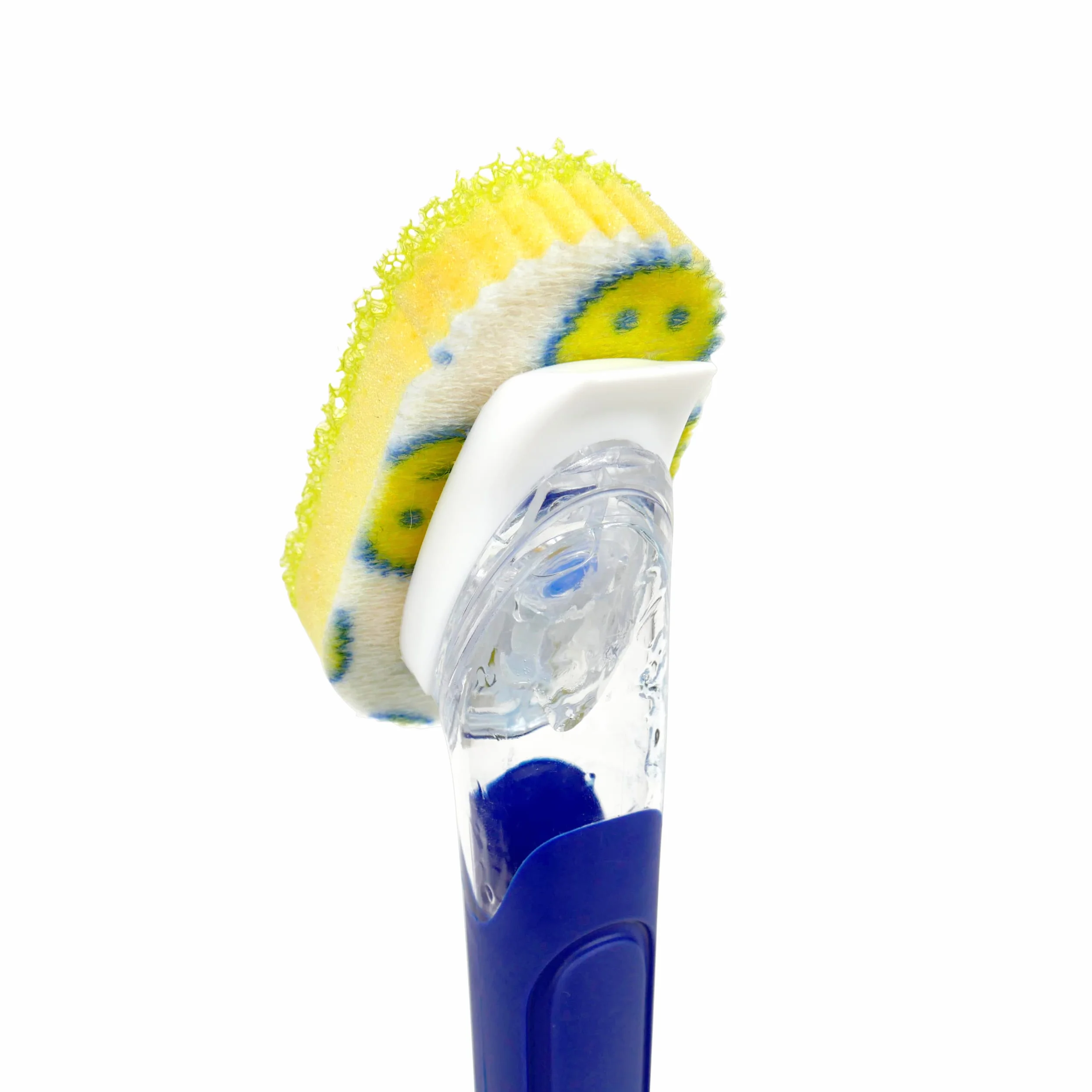 Scrub Daddy Dish Daddy - FlexTexture Skrobaczka gąbka do naczyń, wbudowany uchwyt dozownik płynu i mydła, szczotka do skrobania i zdejmowana głowica - Stoisko antywyciekowe - Niebieski