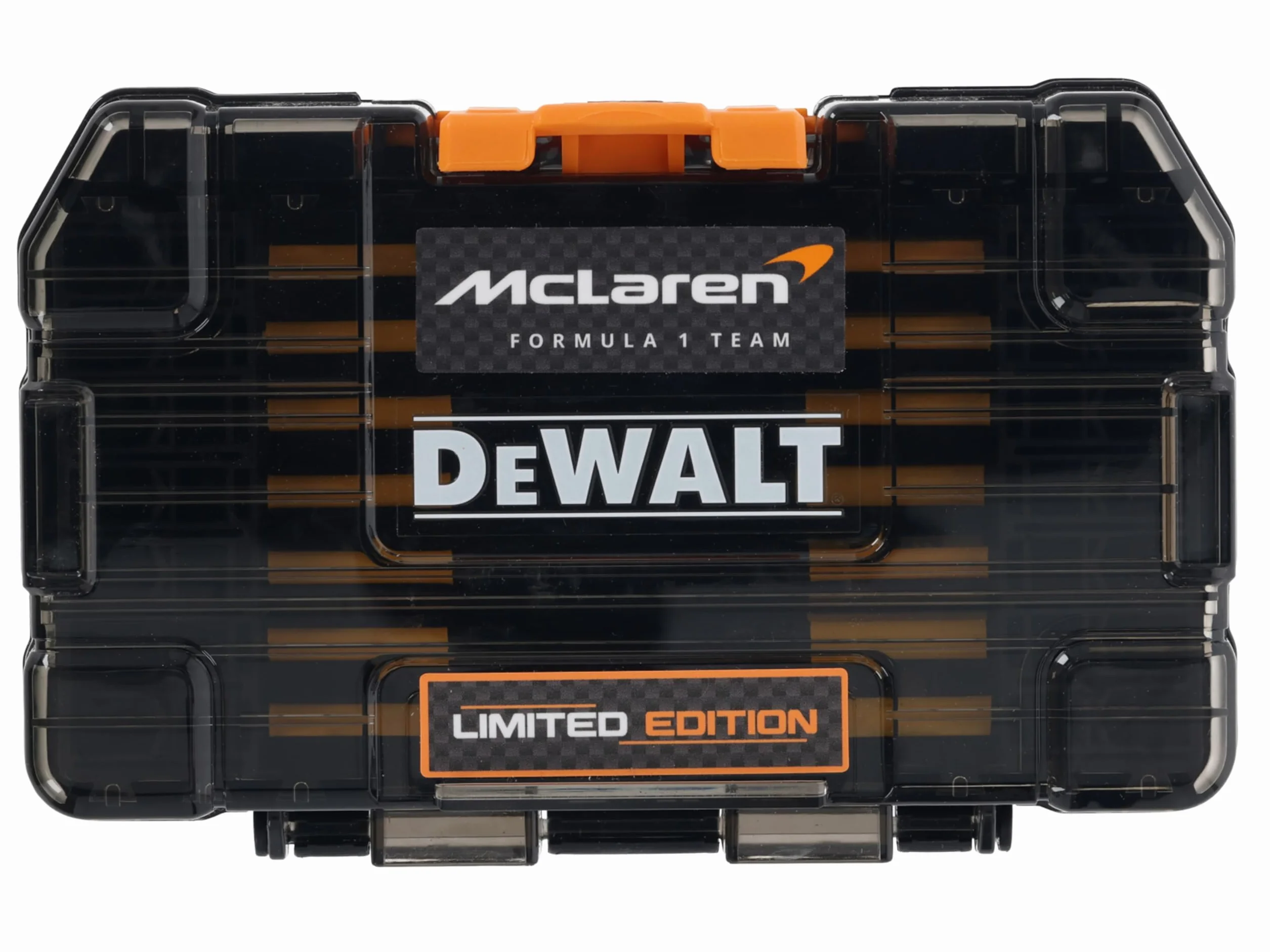 DEWALT 28-częściowy zestaw wkrętaków McLaren FLEXTORQ. Dostarczany w wytrzymałym etui +, jest to część obudowy kompatybilnej z systemem TSTAK™. Wytrzymałe etui można ze sobą spiąć w celu łatwego