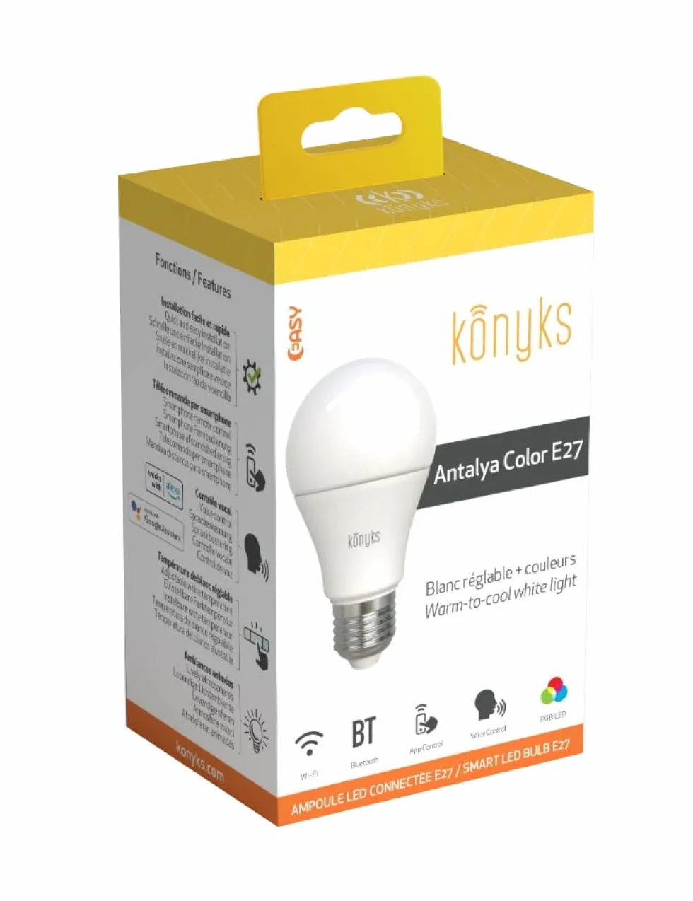 Konyks Antalya Color E27 - LED WiFI + BT, 1055 lumenów, 11 W, kolory + regulowany biały, kompatybilny z Alexa lub Google Home, łatwa automatyzacja