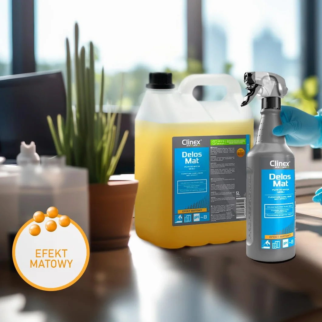 Clinex Delos Mat środek do czyszczenia i pielęgnacji mebli 1000 ml / 1 l środek do czyszczenia drewna – pielęgnacja drewna – usuwa kurz i brud – właściwości antystatyczne, przyjazny dla środowiska