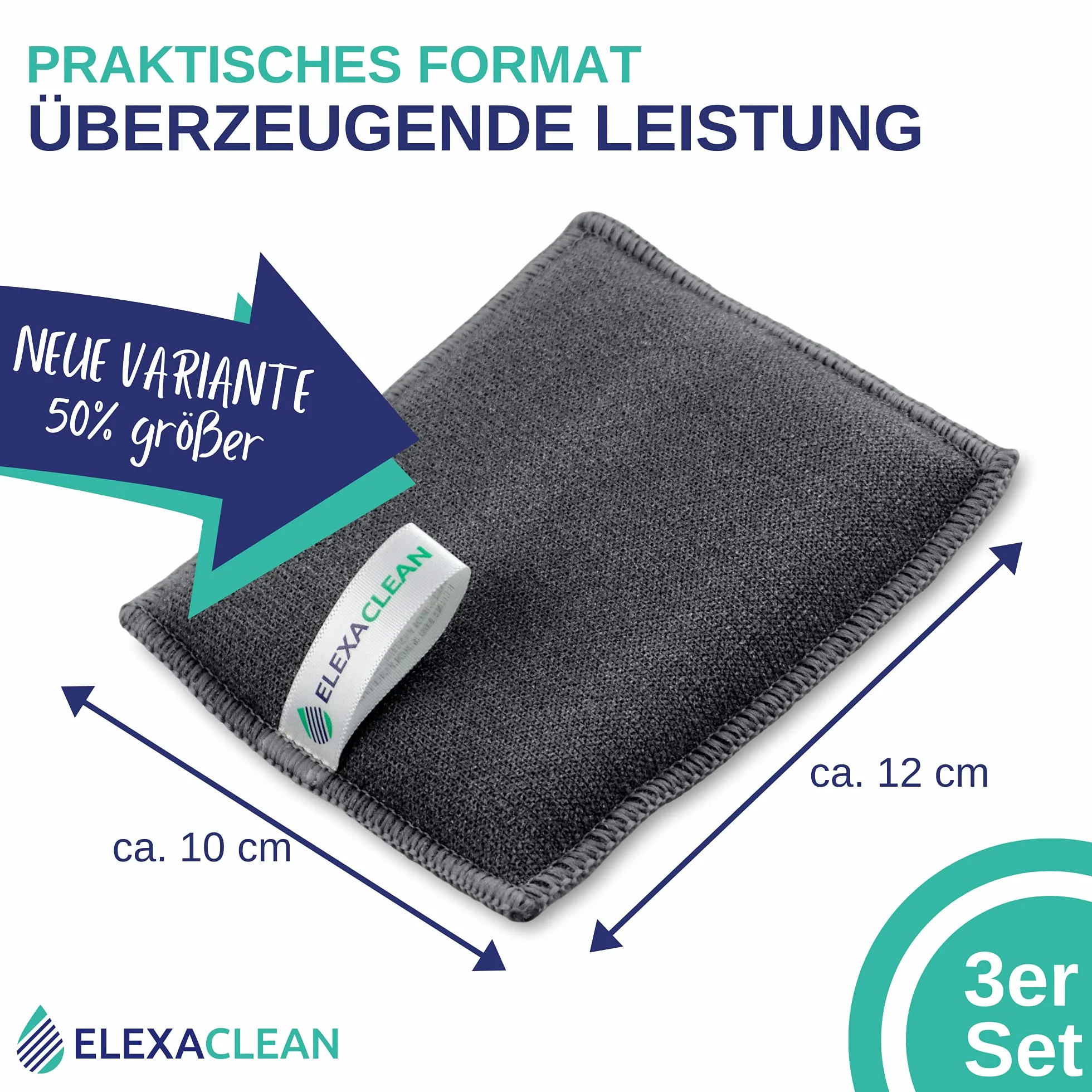 ELEXACLEAN gąbka kuchenna 3 szt., zmywak do garnków do prania i wielokrotnego użytku, mikrofibra do kuchni i domu, (12x10 cm (large), antracyt)