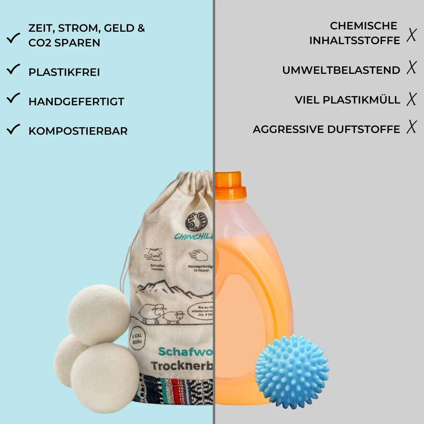 Chinchilla® Kulki do suszarki z wełny owczej | ręcznie wykonane z Nepalu | zrównoważone suszenie kulek do puszystego i puszystego prania | nie zawiera plastiku i trwałe