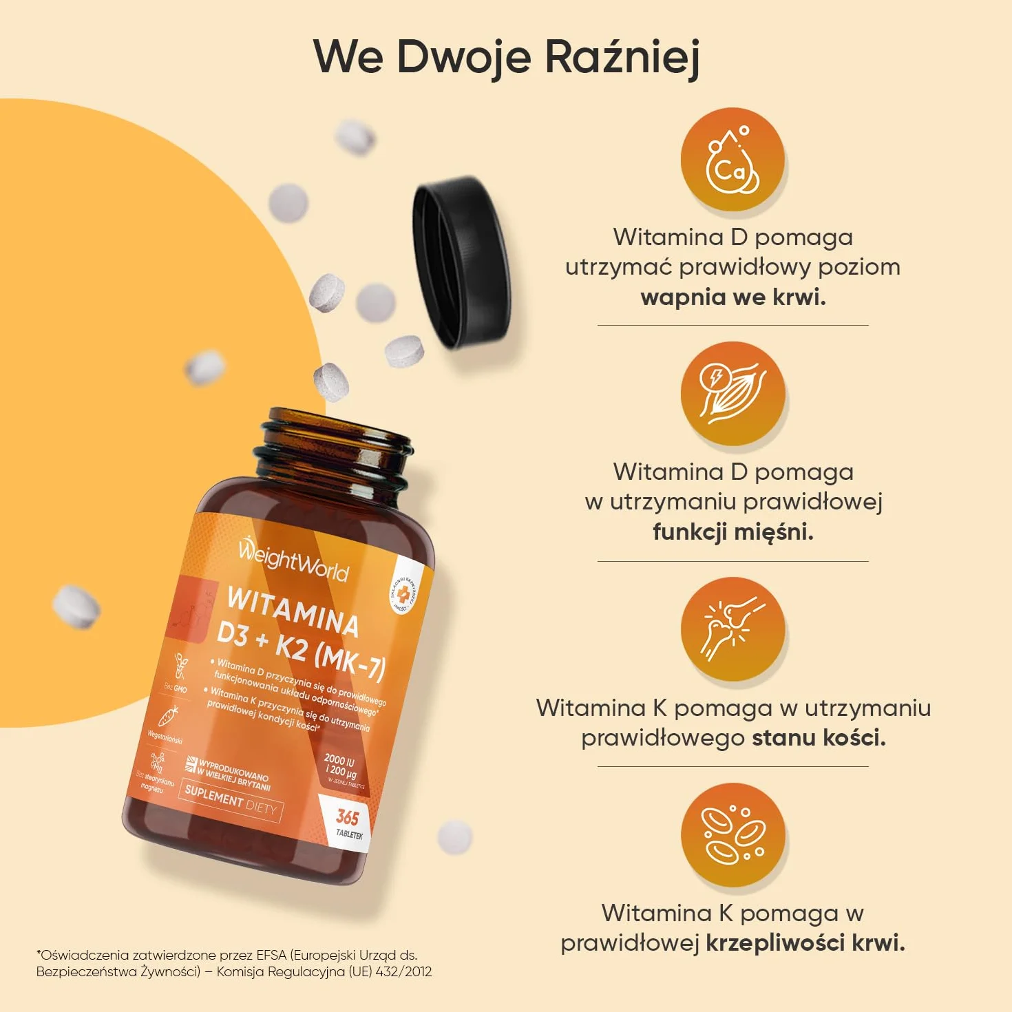 Witamina D3 i K2 2000 IU + 200 µg – 365 wegetariańskich tabletek witaminy D i MK7, produkt bez GMO – Witamina D przyczynia się do utrzymania prawidłowego stanu kości (EFSA)