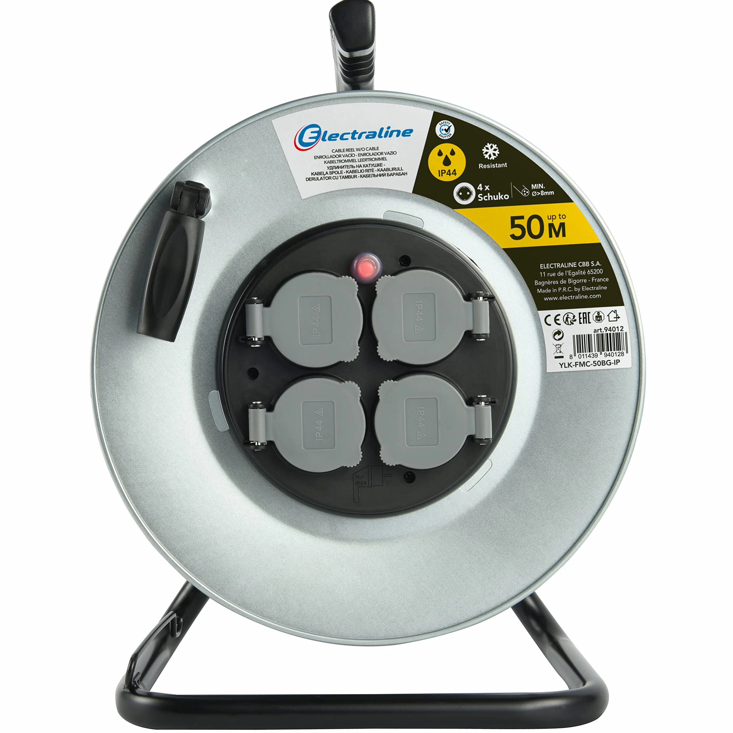 Electraline 94012 Profesjonalna metalowa rolka konstrukcyjna 4 gniazda IP44 bez prowadnicy kabla i ergonomicznego uchwytu, nadaje się do rękawic roboczych.