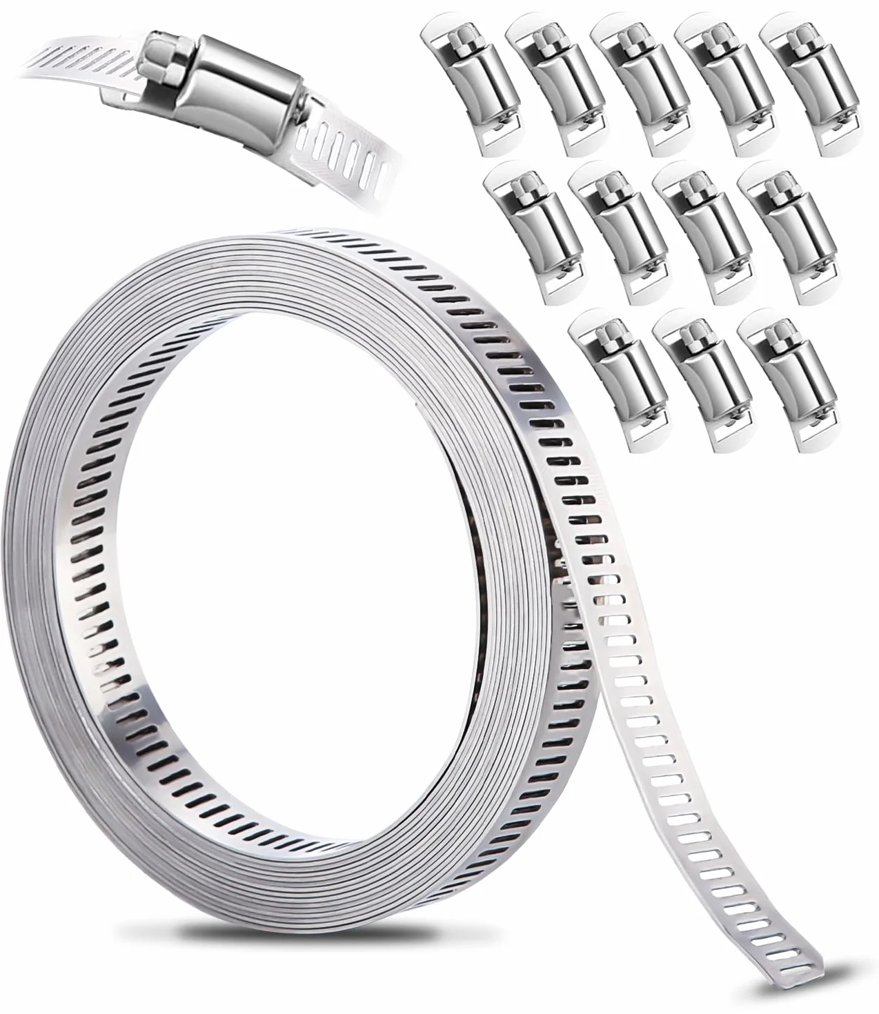 Xespis Zaciski do węży ze stali nierdzewnej, zestaw zacisków do węży DIY, 3,5 m perforowany metalowy pasek + 12-częściowy łącznik, do rur wodnych, zbiorników, rur gazowych, chłodnic, rur samochodowych