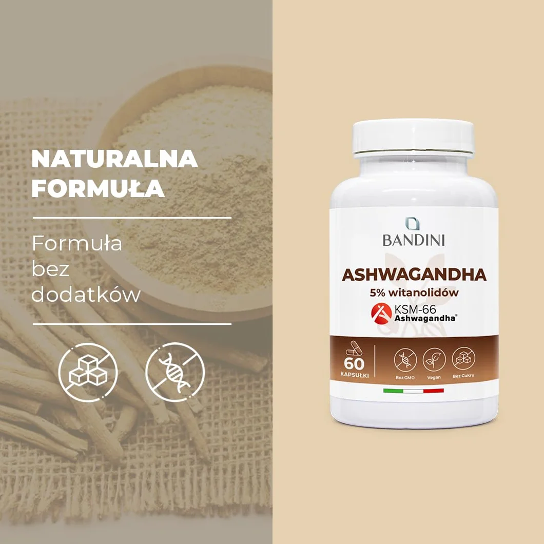 Bandini Ashwagandha KSM-66 100% wegańska 60 kapsułek Withania Somnifera 5% witanolidów