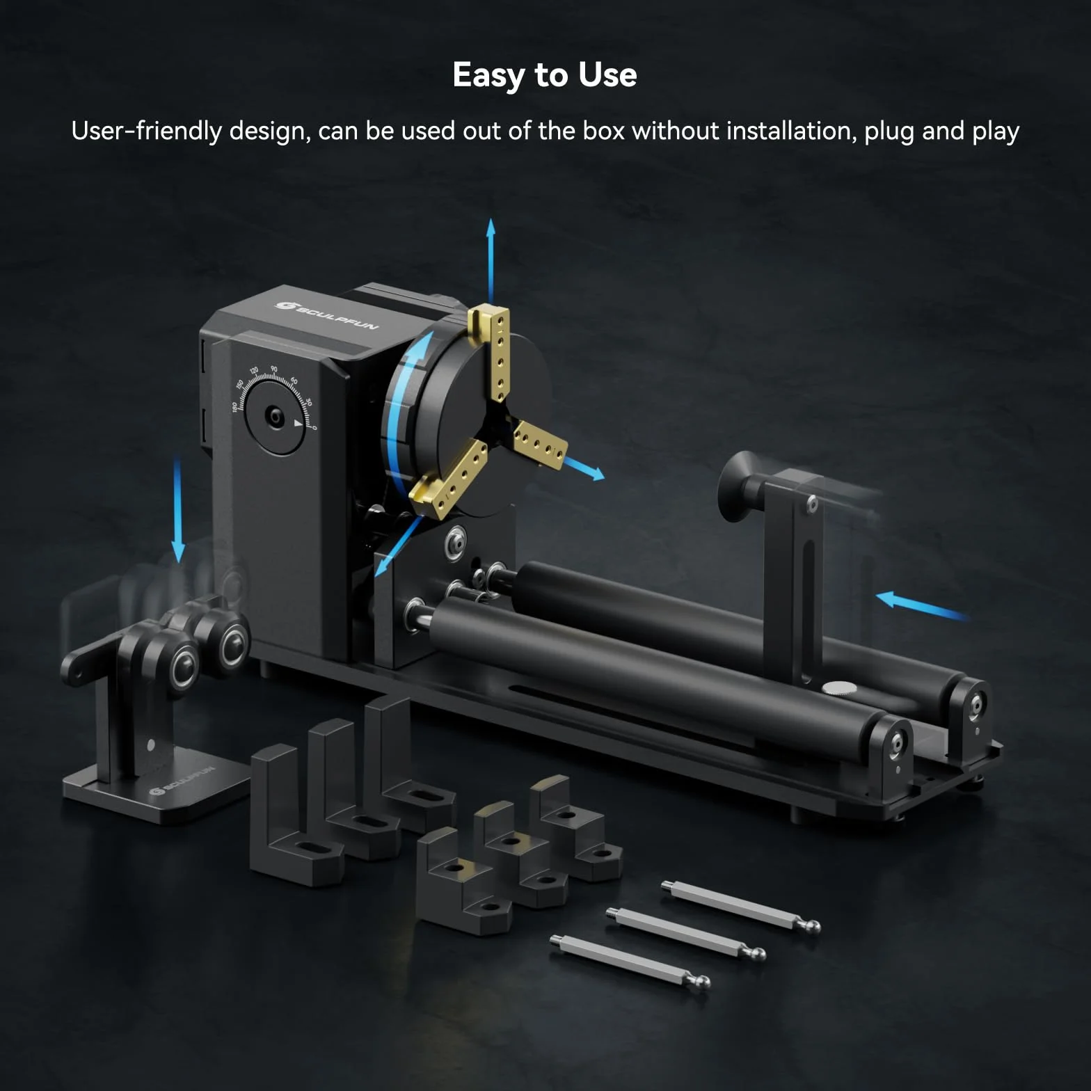 SCULPFUN RA Pro Max Laser Rotary Roller, 4 w 1, obrotowy uchwyt do maszyny do grawerowania laserowego, moduł rotacyjny osi Y, z regulowanym kątem 180°, do grawerowania cylindrycznych, nieregularnych