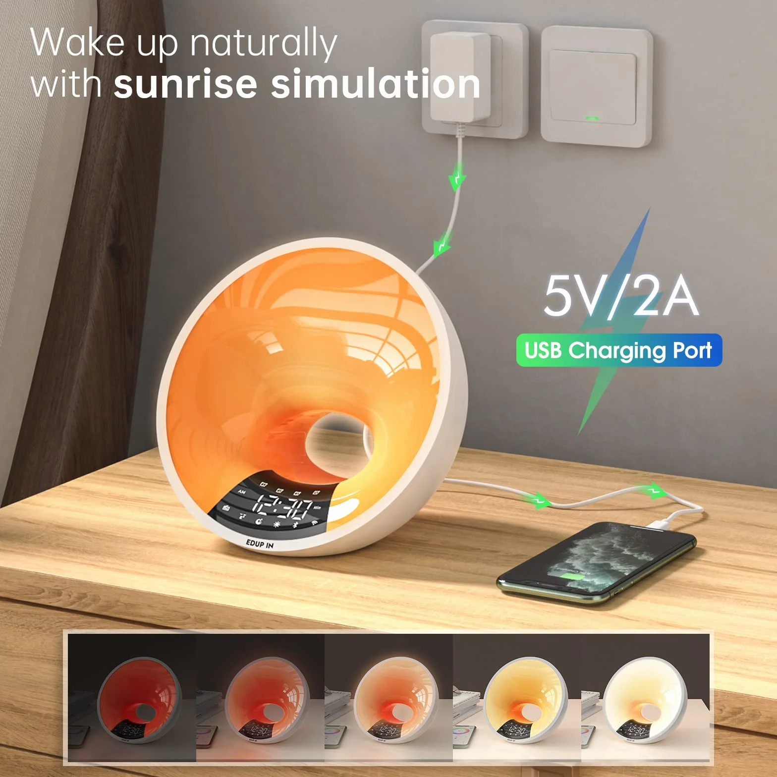 EDUP IN Wake-up Light, Inteligente Oświetlenie, Budzik świetlny smart, łatwe budzenie, symulacja wschodu słońca, głośnik sterowany aplikacją, 4 budziki, drzemka, 16 mln kolorów Lampka nocna