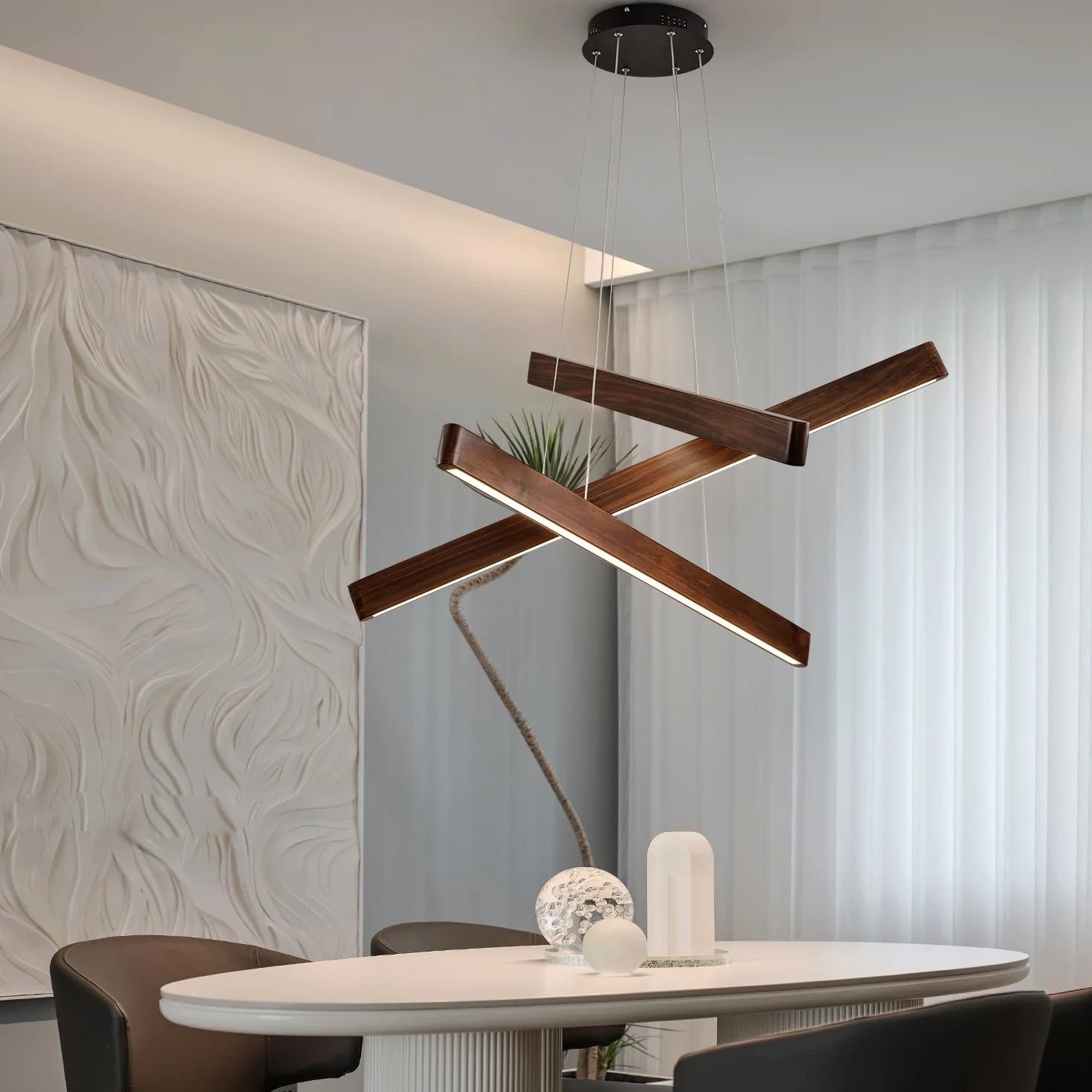 YISDESIGN 3-świetlna liniowa lampa wisząca do jadalni nowoczesne żyrandole LED do salonu ściemniana drewniana lampa sufitowa wisząca 45 W do salonu jadalni kuchni wyspy kolor orzecha włoskiego