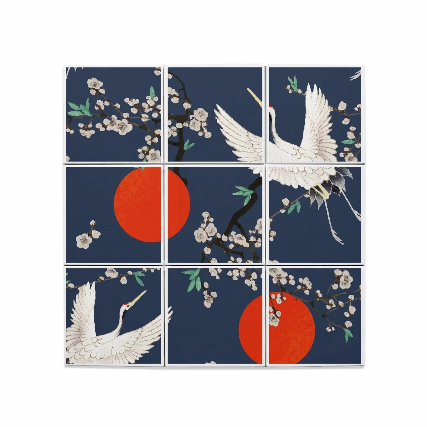 Ceramiczne płytki dekoracyjne 10,8 x 10,8 cm Japonia żuraw czerwony nadruk tradycyjna ilustracja Zestaw 9 sztuk