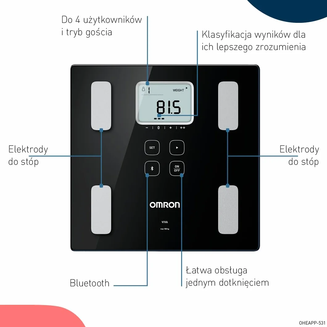 Waga OMRON VIVA Bluetooth Smart i monitor składu ciała z pomiarem tkanki tłuszczowej, masy ciała, zawartości tłuszczu trzewnego, masy mięśni szkieletowych, metabolizmu spoczynkowego i BMI