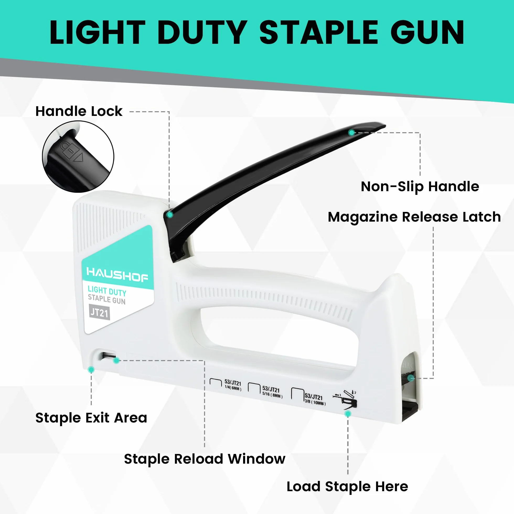 HAUSHOF Lekki zszywacz zawiera 800 szt. zszywek i zszywek, pistolet do zszywania, typ 53/JT21 (6-10 mm), idealny do tablic wystawowych, tapicerki, dekoracji, nauczycieli, biura