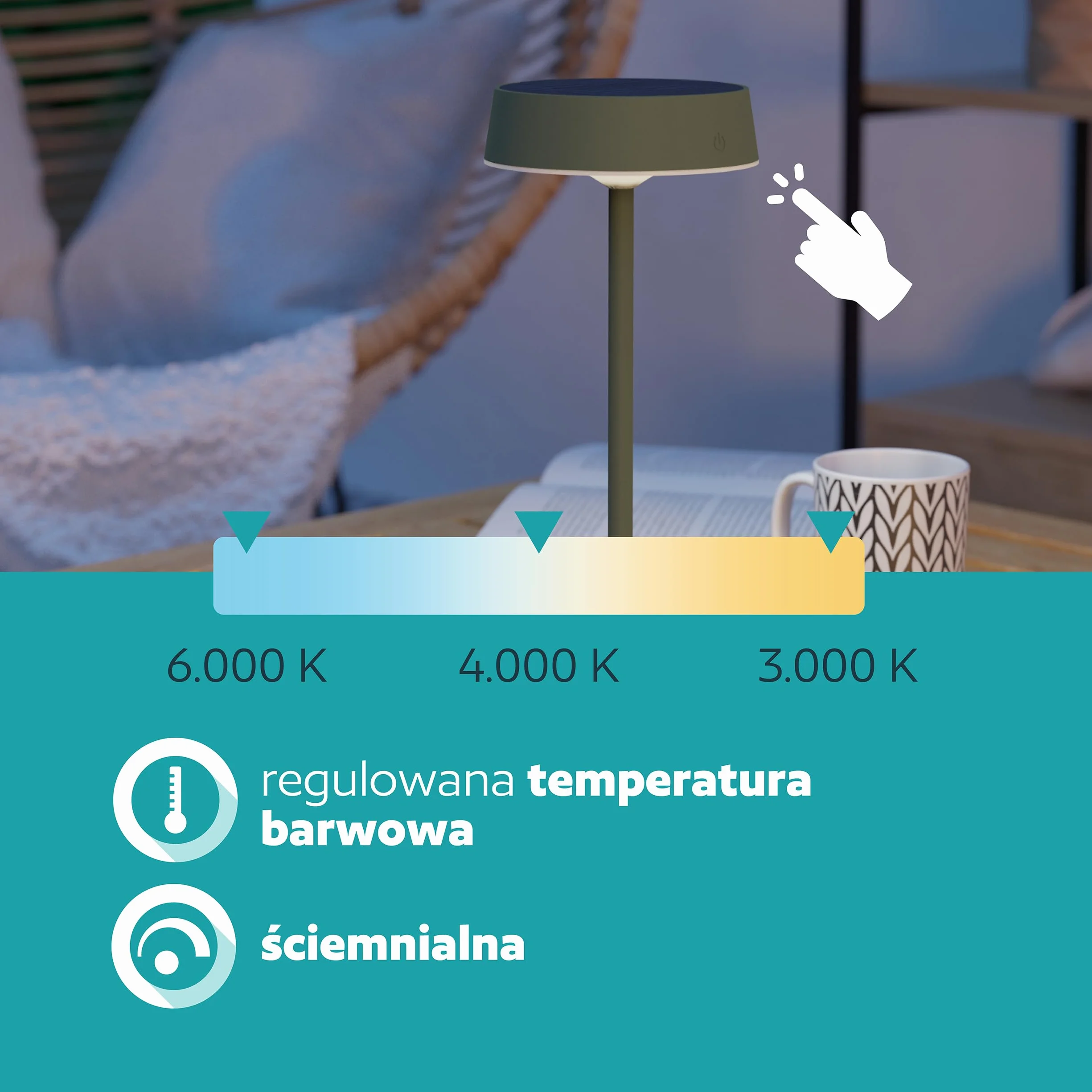 EGLO Simeri Solarna lampa stołowa LED na zewnątrz, bezprzewodowa lampa stołowa na baterie, dotykowa, ściemniana, z metalu w kolorze zielonym, ciepła biel, neutralna biel, zimna biel, IP54