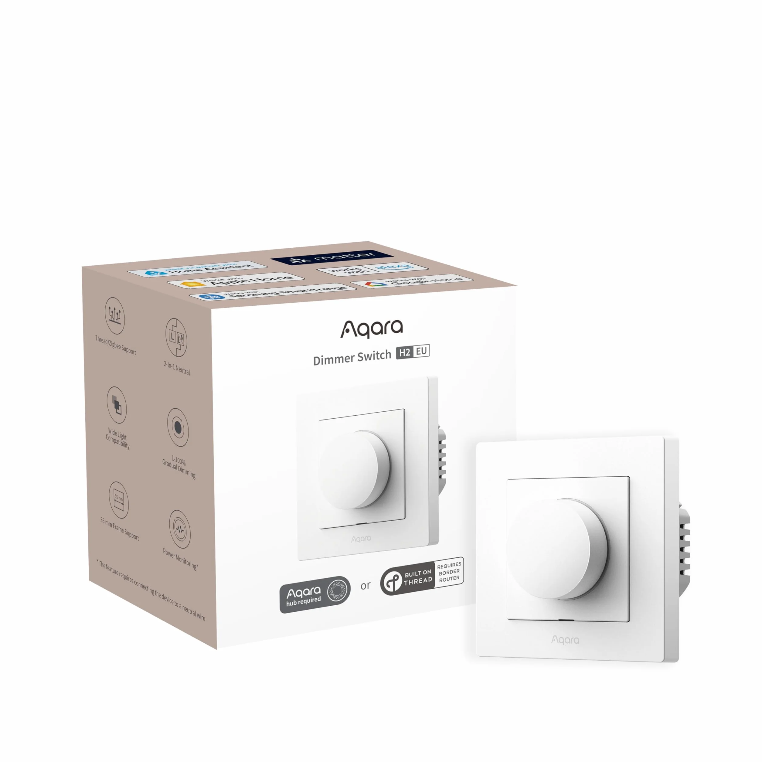 Aqara Inteligentny Ściemniacz H2 EU -Thread/Zigbee, 2-w-1 Neutralny, 200W, do ściemnialnych świateł LED/CFL/incandescent/Halogen/ELV, Obsługowanie Apple Home, Alexa, Google Home, Matter (Biały)