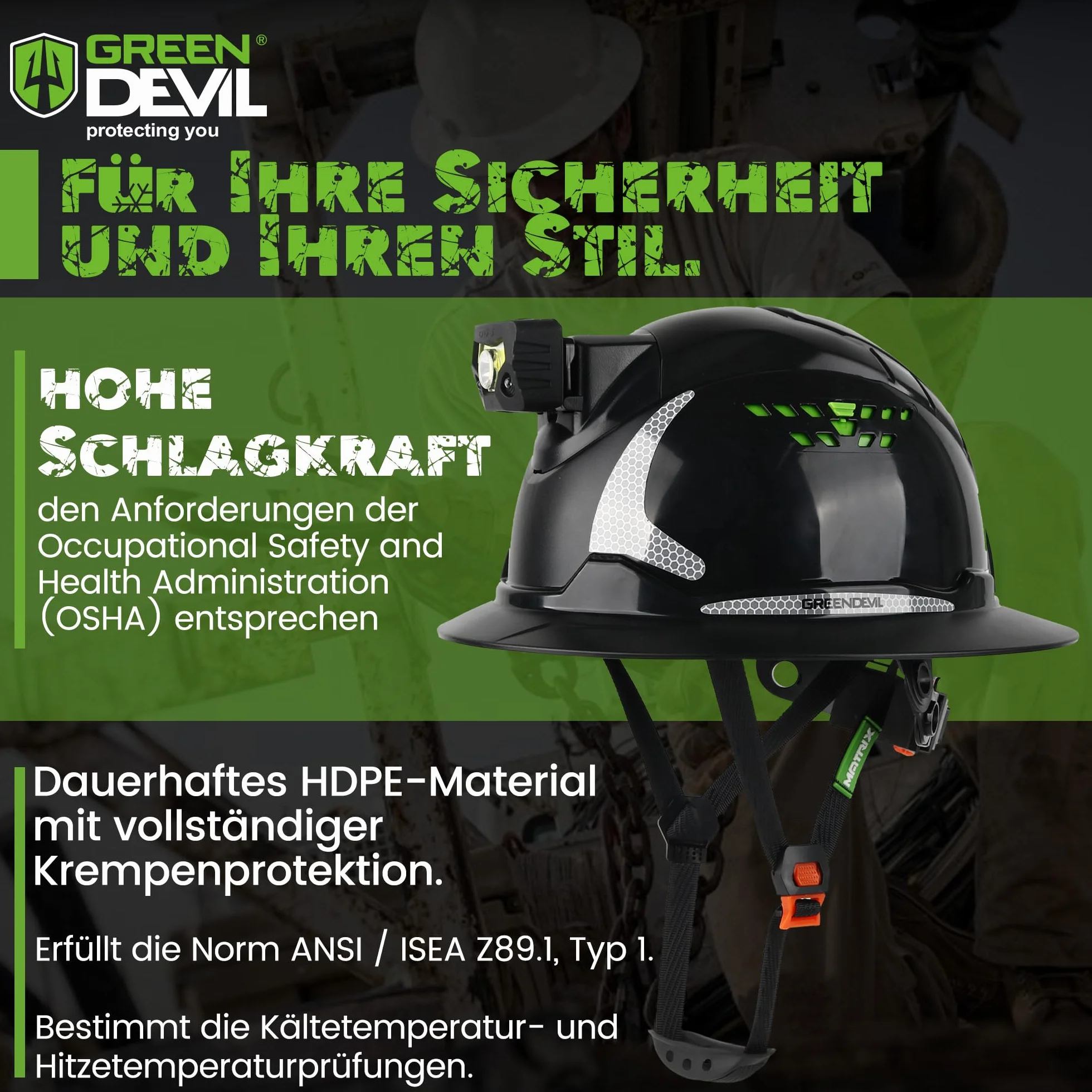 GREEN DEVIL Matrix Full Brim kask ochronny EN 397 – kask ochronny z wentylacją, latarka czołowa LED (IPX5), system 6-punktowy i regulowana wyściółka wewnętrzna – idealny do budownictwa, przemysłu,