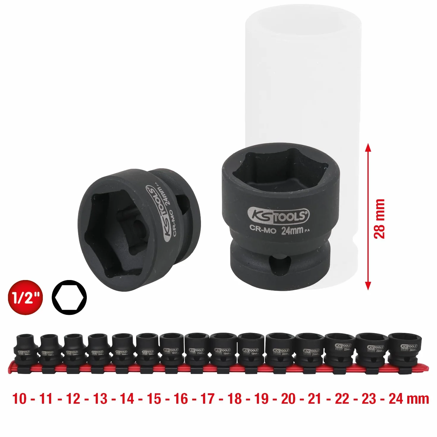 KS Tools 515.0055 1/2" Zestaw sześciokątnych nasadek udarowych, ekstra krótki, 15-części