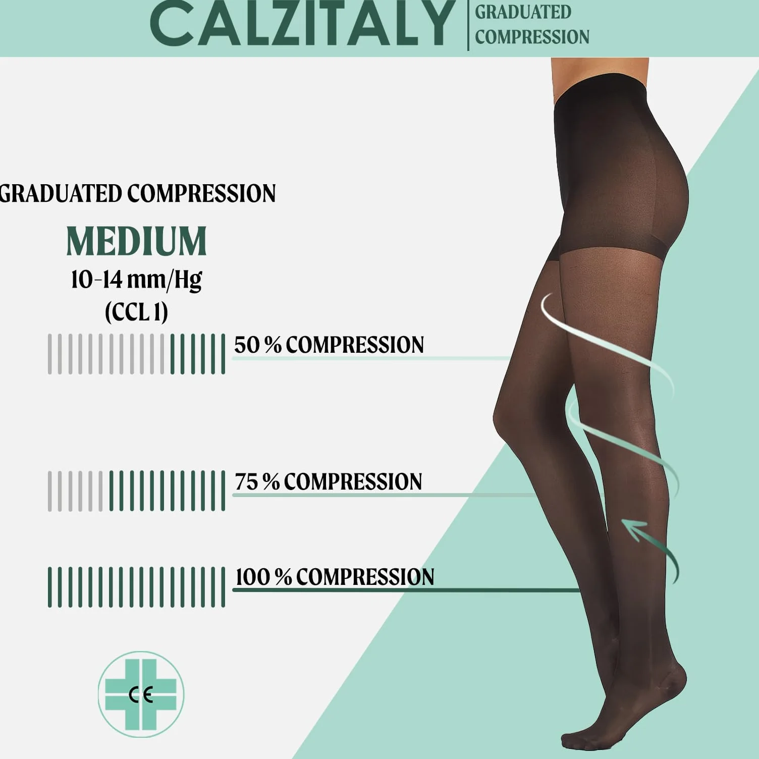CALZITALY Damskie rajstopy medyczne | 10-14 Mmhg stopniowane rajstopy kompresyjne | 70 Den | czarne, skóra | wyprodukowano we Włoszech |, Czarny, XXL