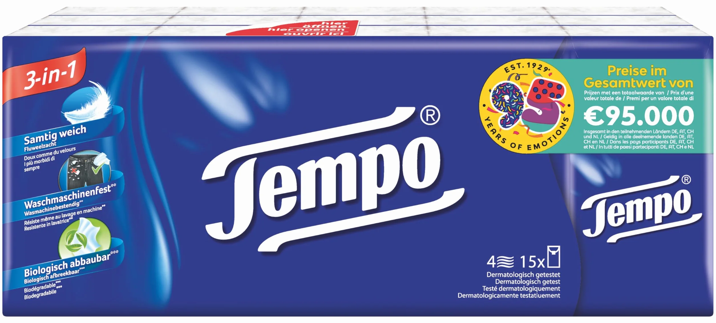 Tempo Oryginalne chusteczki higieniczne - Megapack - 20 opakowań po 15 opakowań x 10 chusteczek - bardzo mocne, miękkie chusteczki papierowe, można prać w pralce