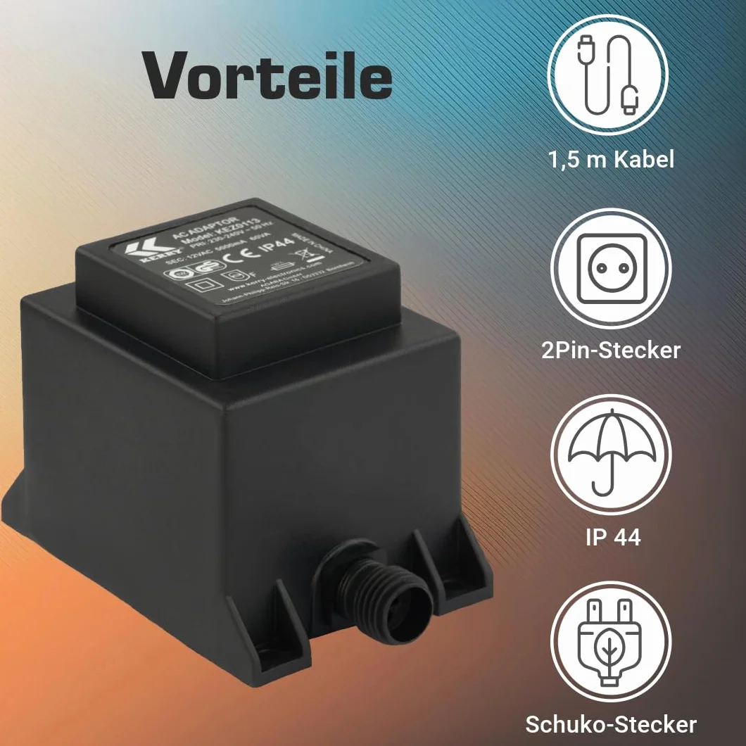 KERRY ELECTRONICS Transformator 12V 60VA/W, AC/AC AC, do użytku zewnętrznego IP44, między innymi do oświetlenia LED i..