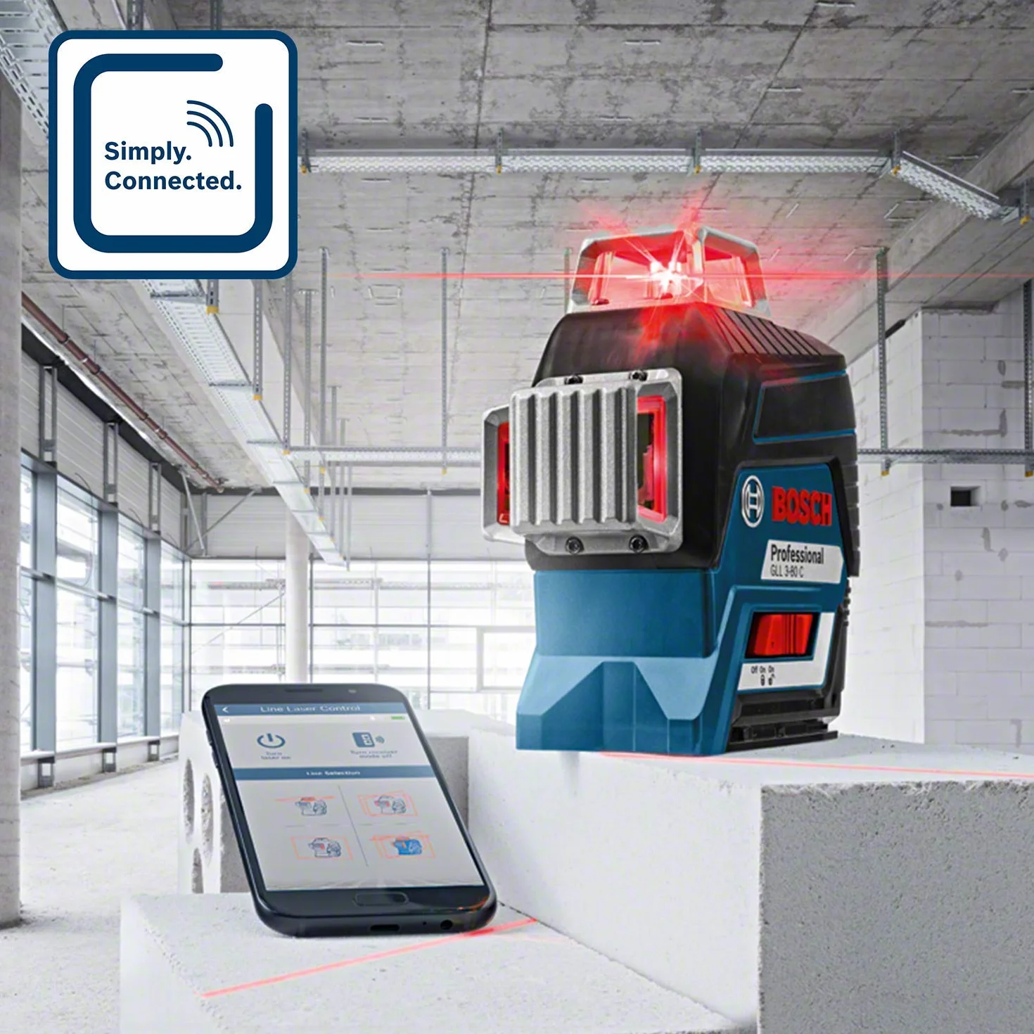 Bosch Professional Laser liniowy GLL 3-80 C (czerwona wiązka, do pracy w pomieszczeniach, współpraca z aplikacją, zasięg pracy: 30 m, 4 baterie AA)