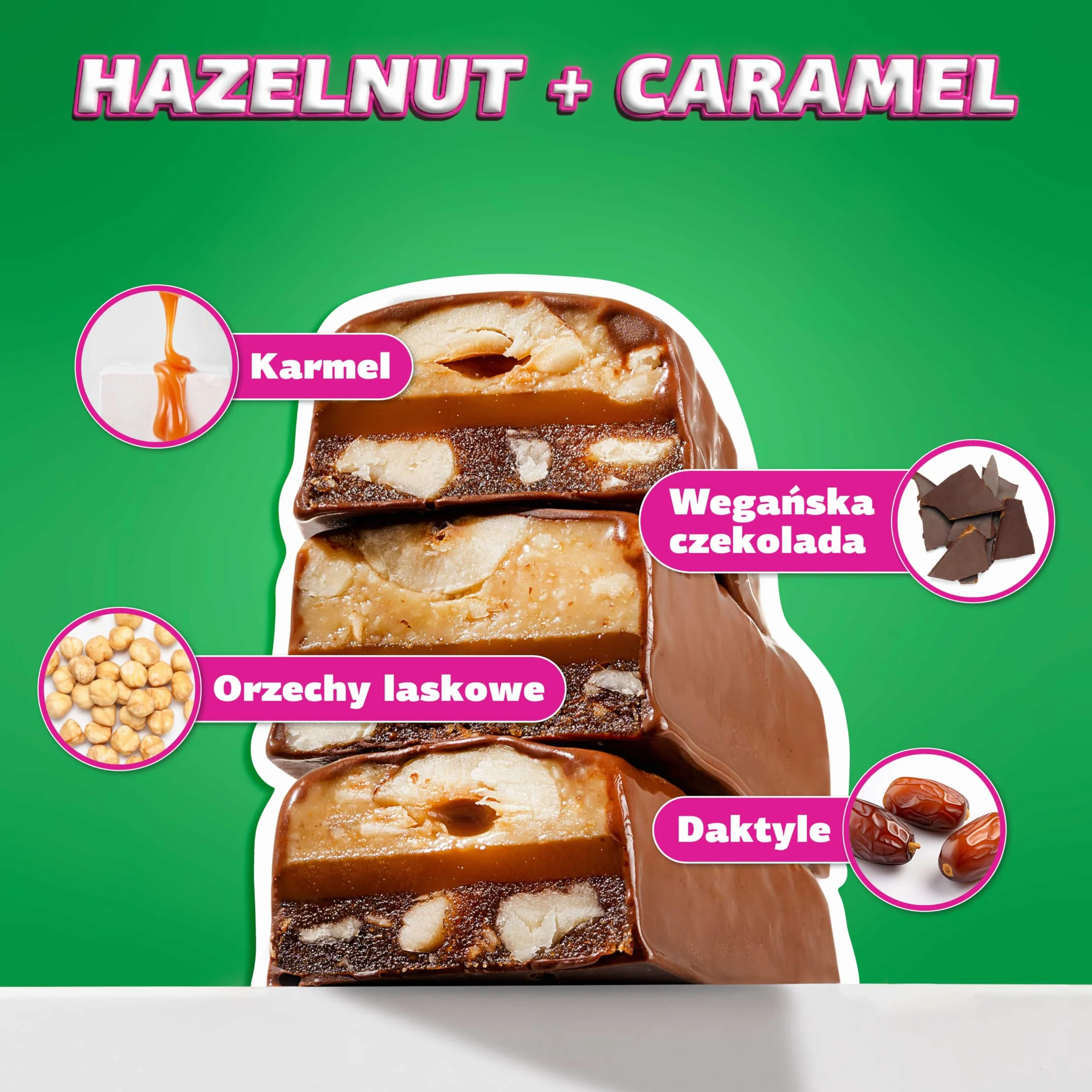 FIZI Czekoladowe Batony Wegańskie Orzech Laskowy i Karmel, W czekoladowej polewie, Na bazie roślin, Bez rafinowanego cukru, Bez glutenu, Bez GMO, Bez laktozy, Idealna przekąska w podróży (10x45g)