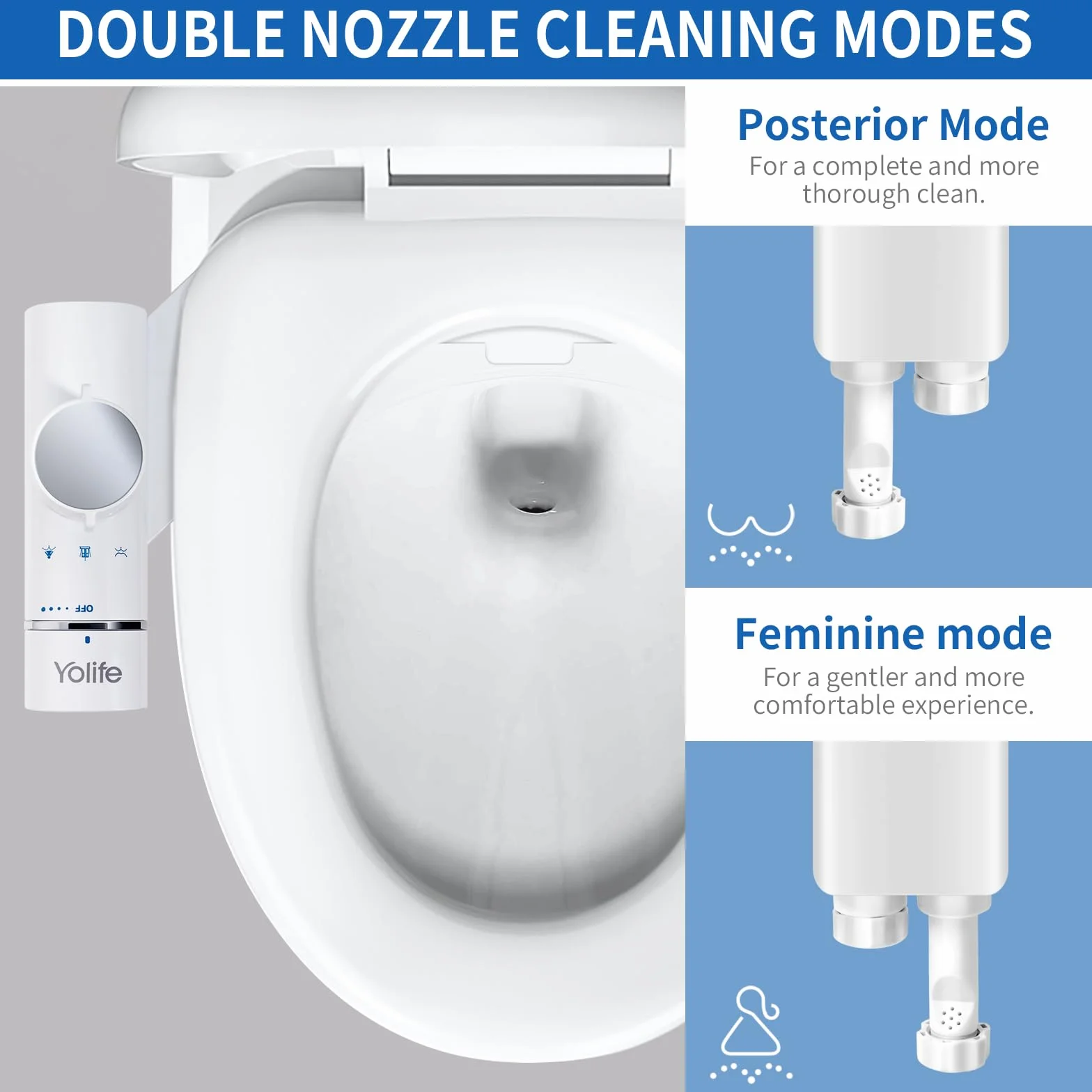 Yolife Bidet, ultracienka nasadka bidetowa do toalety z nieelektryczną, samoczyszczącą podwójną dyszą (czyszczenie tyłu/kobiece), regulowane ciśnienie wody (z wężem 2 m)