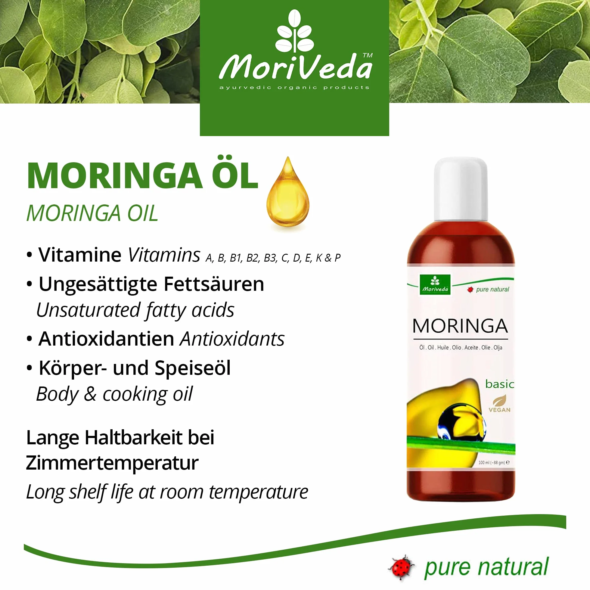 Olej Moringa Basic 100ml tłoczony na zimno MoriVeda - pielęgnacja skóry i włosów