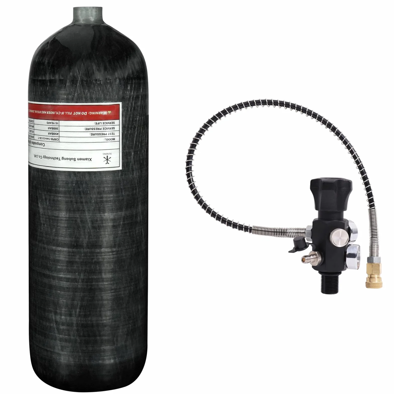 TUXING Zbiornik powietrza z włókna węglowego 6,8 l, 300 bar (pusta butelka), stacja napełniania paintballem z dwoma manometrami do węża wysokociśnieniowego 24", M18 x 1,5, zawierający żelazo