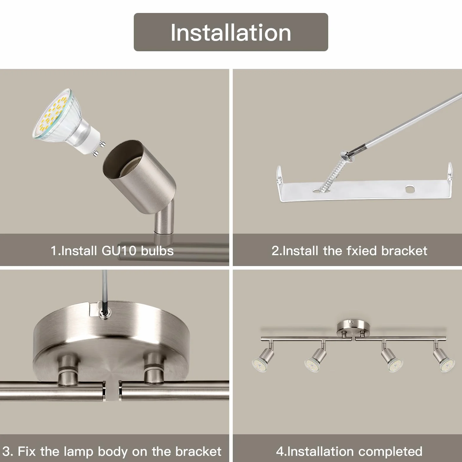 Obrotowy reflektor sufitowy - niklowana matowa 4-drożna lampa sufitowa GU10 LED Zakres LED 350° nowoczesne lampy do kuchni, salonu, bez żarówek