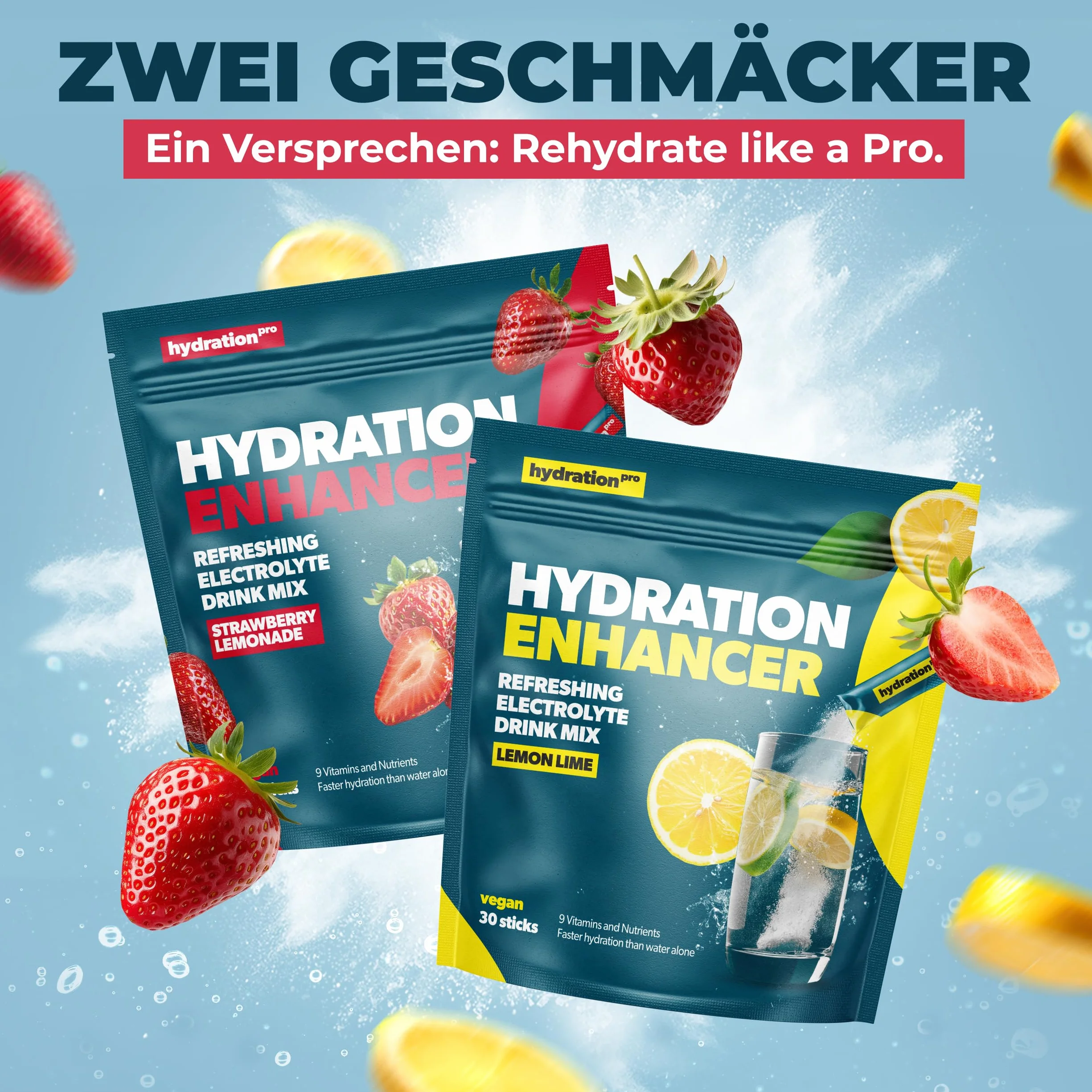 Proszek elektrolitowy - 30 saszetek z 9 witaminami i składnikami odżywczymi, Elektrolity - wegański i wyprodukowany w Niemczech - smak truskawkowy HydrationPro®