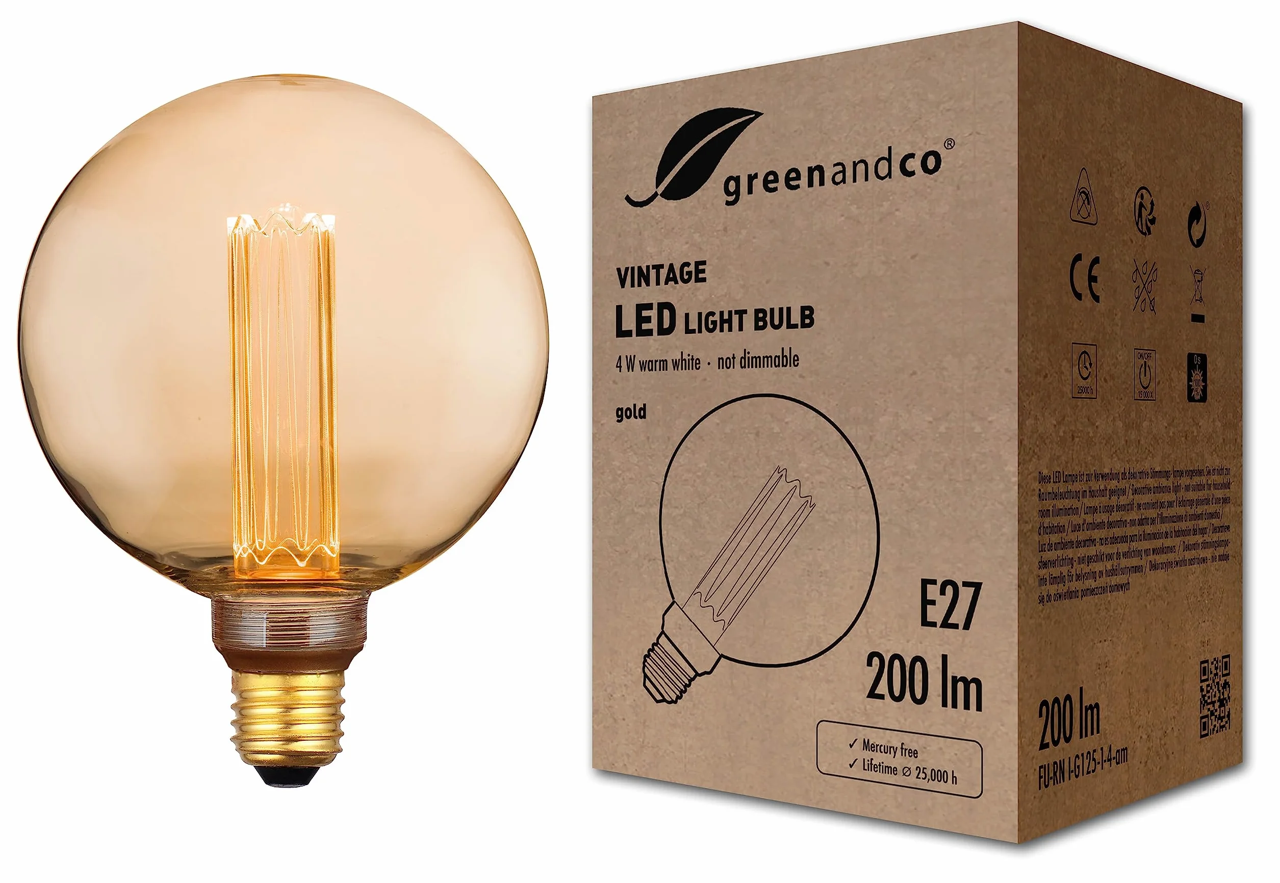 Greenandco Vintage Design Żarówka LED E27 G125 4W 200lm 1800K 230V Bursztynowa