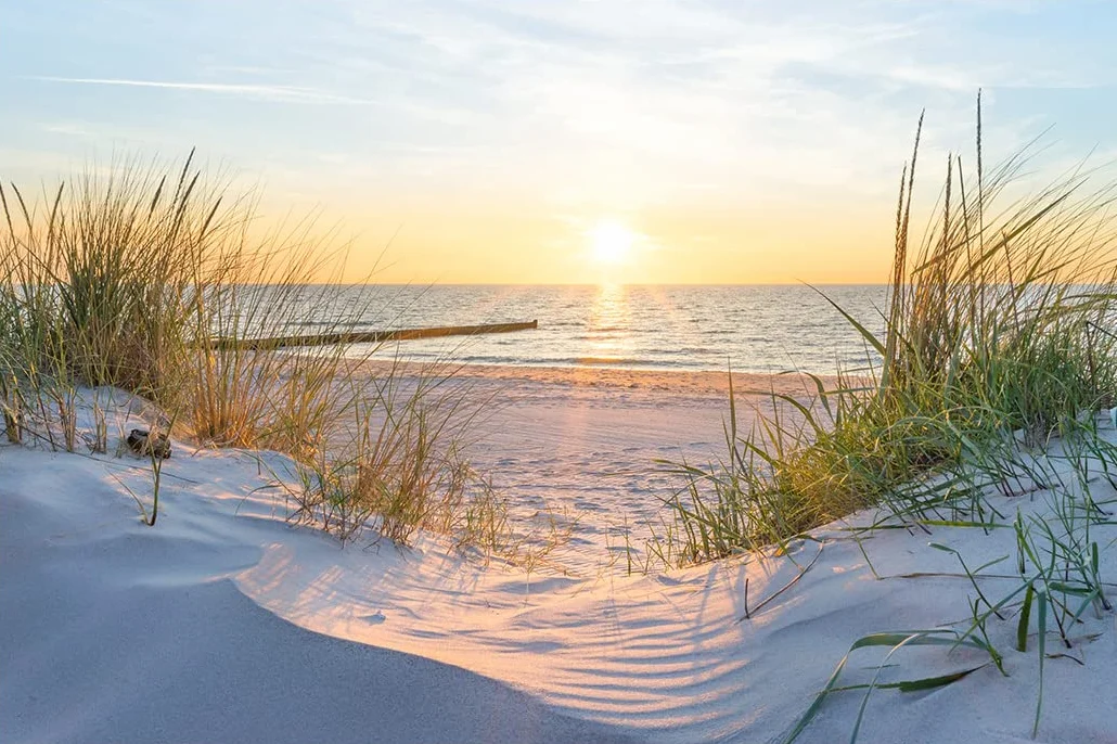 Muralo Fototapeta plaża, morze, wydmy, słońce, niebo, woda, krajobraz, natura, efekt 3D, nowoczesna tapeta ścienna, dekoracja ścienna do salonu, sypialni, jadalni, szer. 312 cm x wys. 219 cm