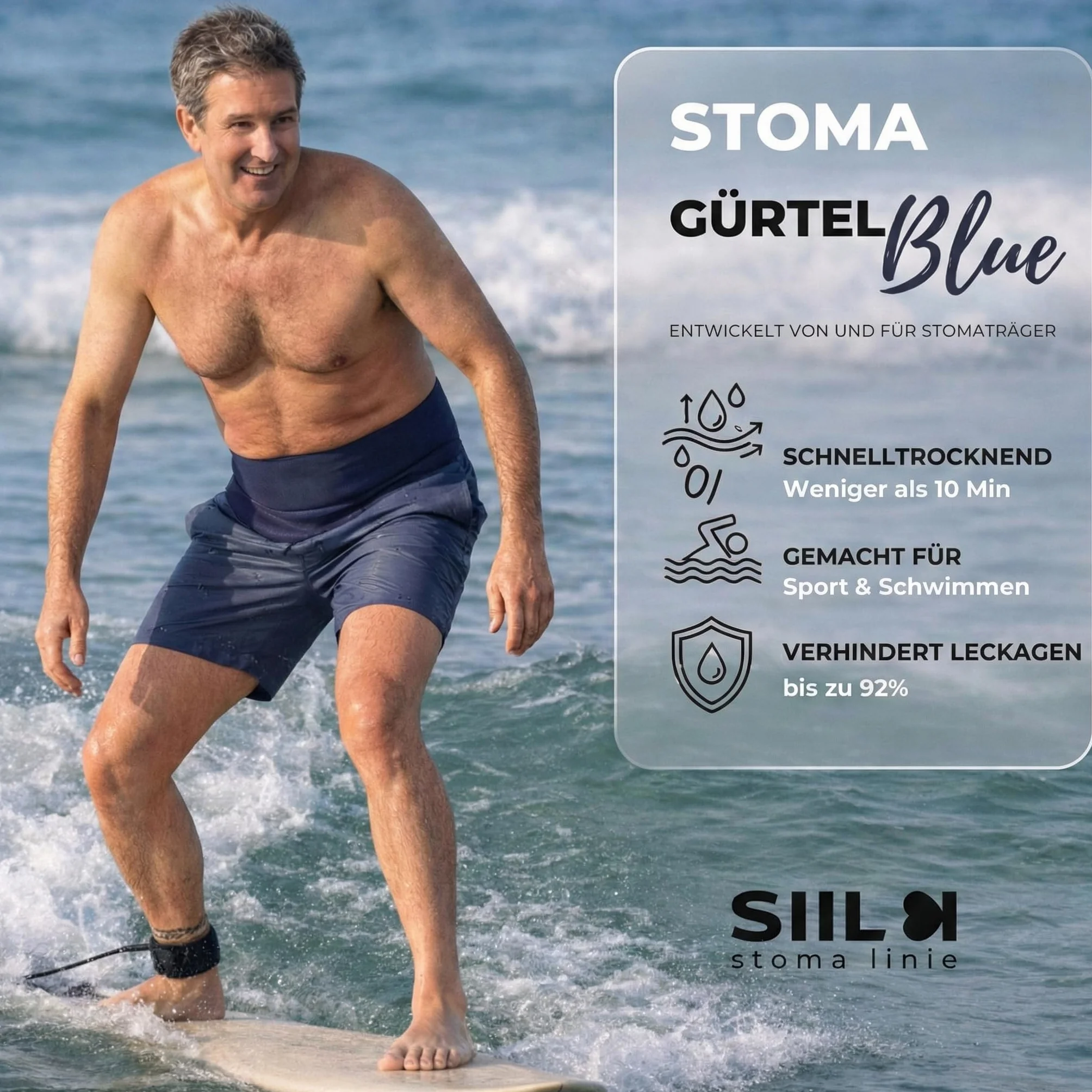 SIIL Pas stomijny dla mężczyzn i kobiet Niebieski | Osłony na worki stomijne | Kolostomijny i ileostomijny | Kieszonka Do sportu i pływania