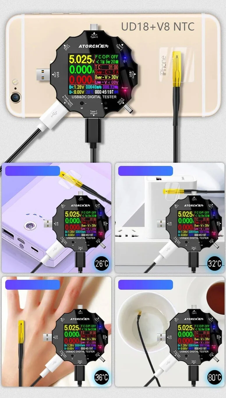 Tester UD18 DC5.5 DC5525 woltomierz cyfrowy amperomierz miernik napięcia amperomierz detektor Notebook Power Bank ładowarka USB Tester (UD18+V8 NTC)