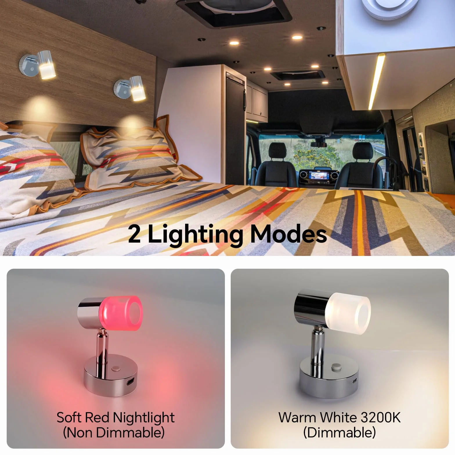 Acegoo Lampa ścienna LED 12V do kampera, ściemniana, obrotowa, USB C, matowy akrylowy abażur, chromowany