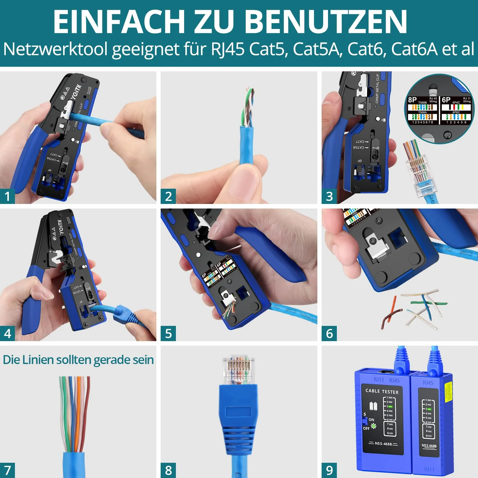 Zestaw narzędzi do zaciskania RJ45, zaciskarka 3 w 1, striptizerka, tester kabli do CAT5, Cat5e, CAT6, Cat6A 8P+6P, narzędzie do zaciskania przelotowego Ethernet z 50 szt. złączami RJ45 Cat6 i