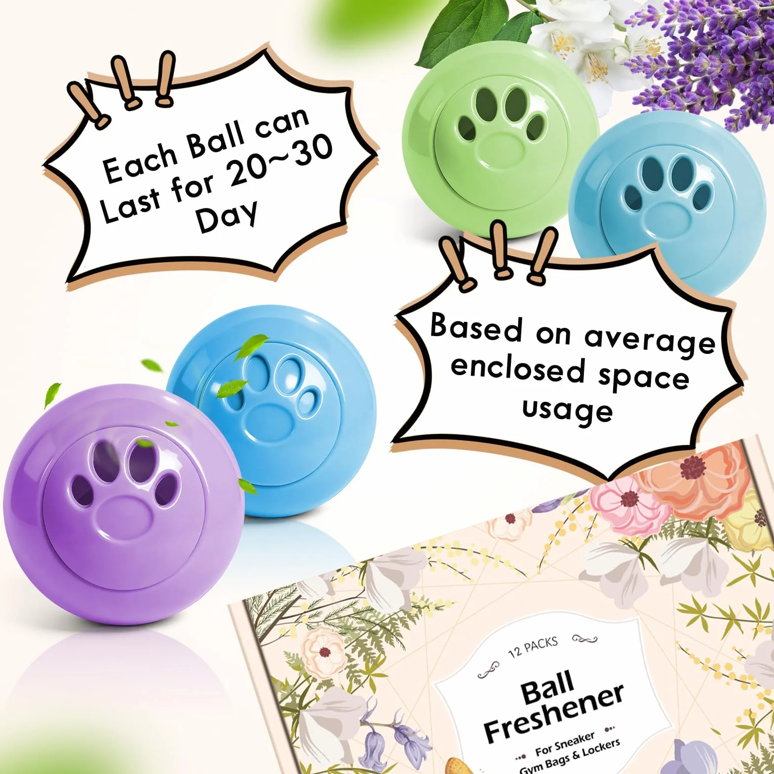 Kulki dezodoryzujące Scent-Hi – do butów, torb, domu, biura i auta; zapachy: pudrowy, jaśmin, lawenda, lniany; 12 szt.