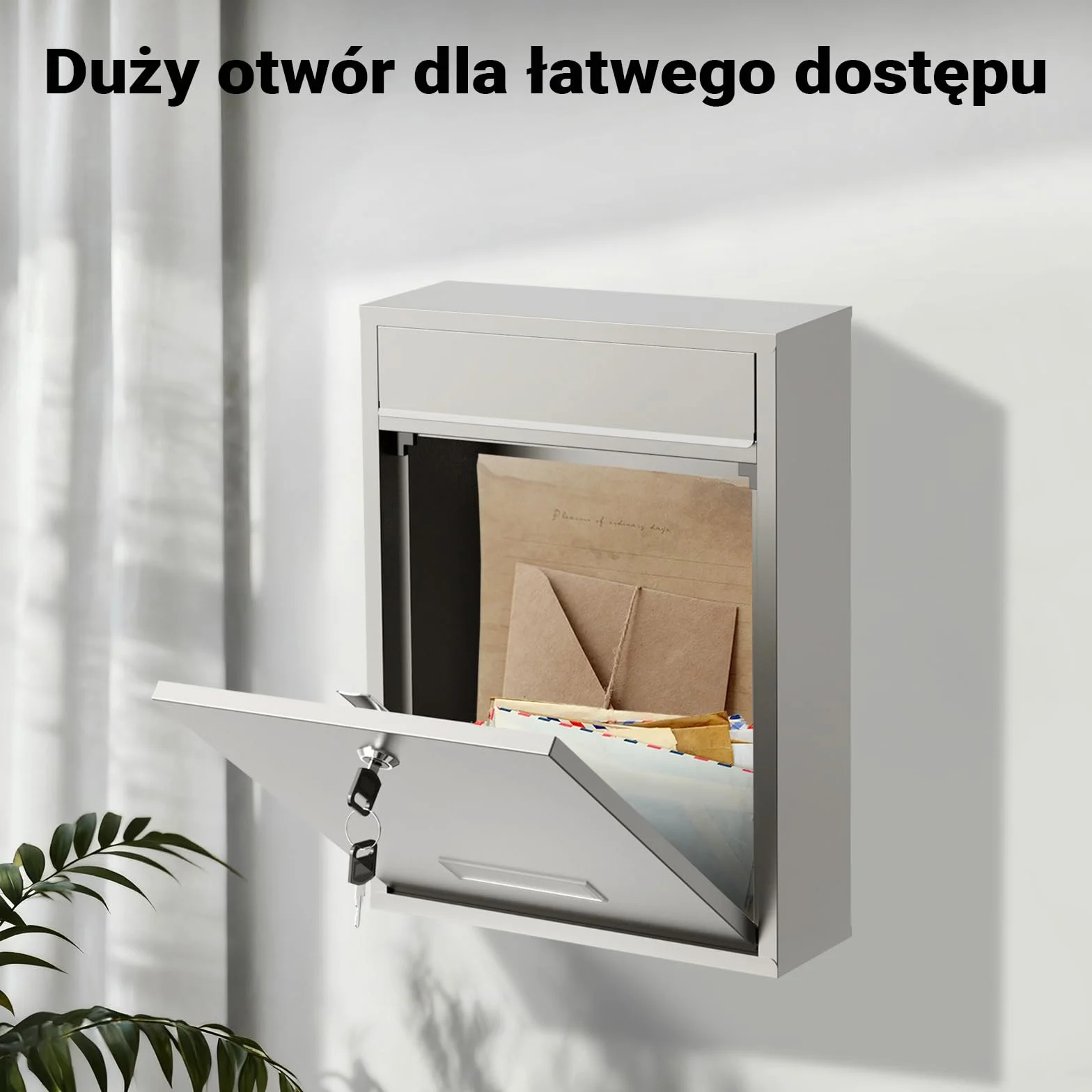Wiltec Skrzynka na listy V10 ze stali nierdzewnej z zamkiem, nowoczesna stalowa skrzynka pocztowa do montażu na ścianę z kluczami, trwała i bezpieczna