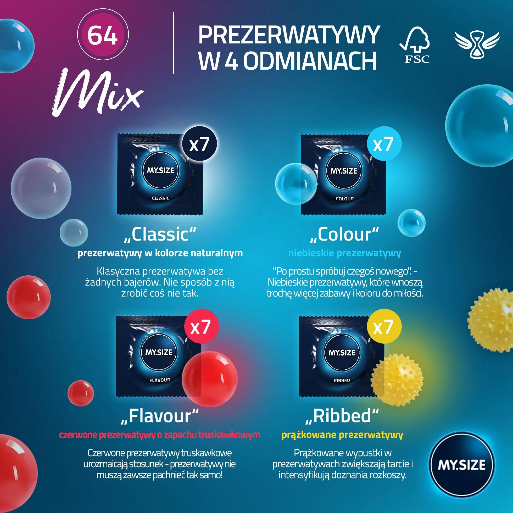 MY.SIZE Mix prezerwatywy 28 sztuk 64 mm rozmiar 6 smakowe kolorowe prążkowane klasyczne