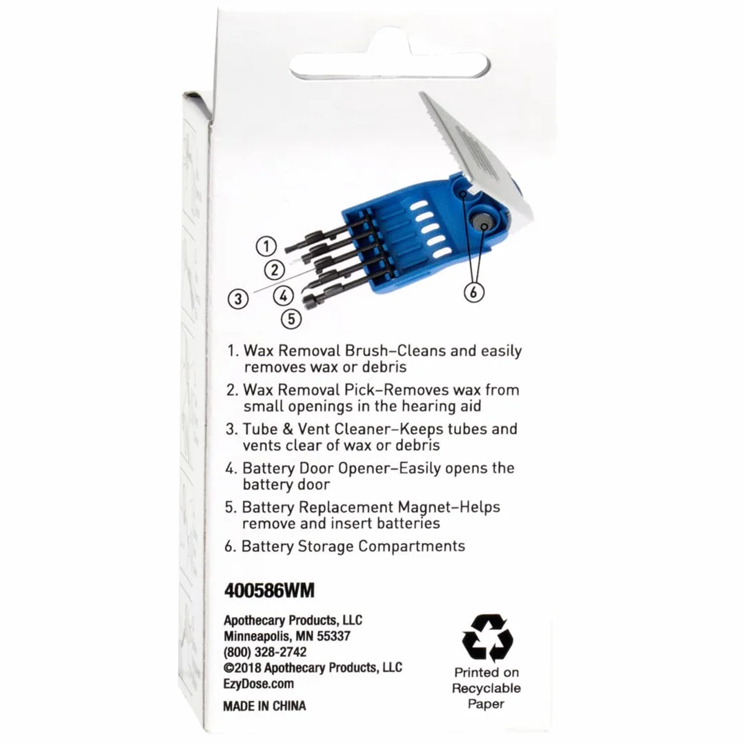 Ezy Dose 5-w-1 narzędzia do czyszczenia aparatów słuchowych, mały zestaw do domu lub podróży, do łatwego, codziennego czyszczenia