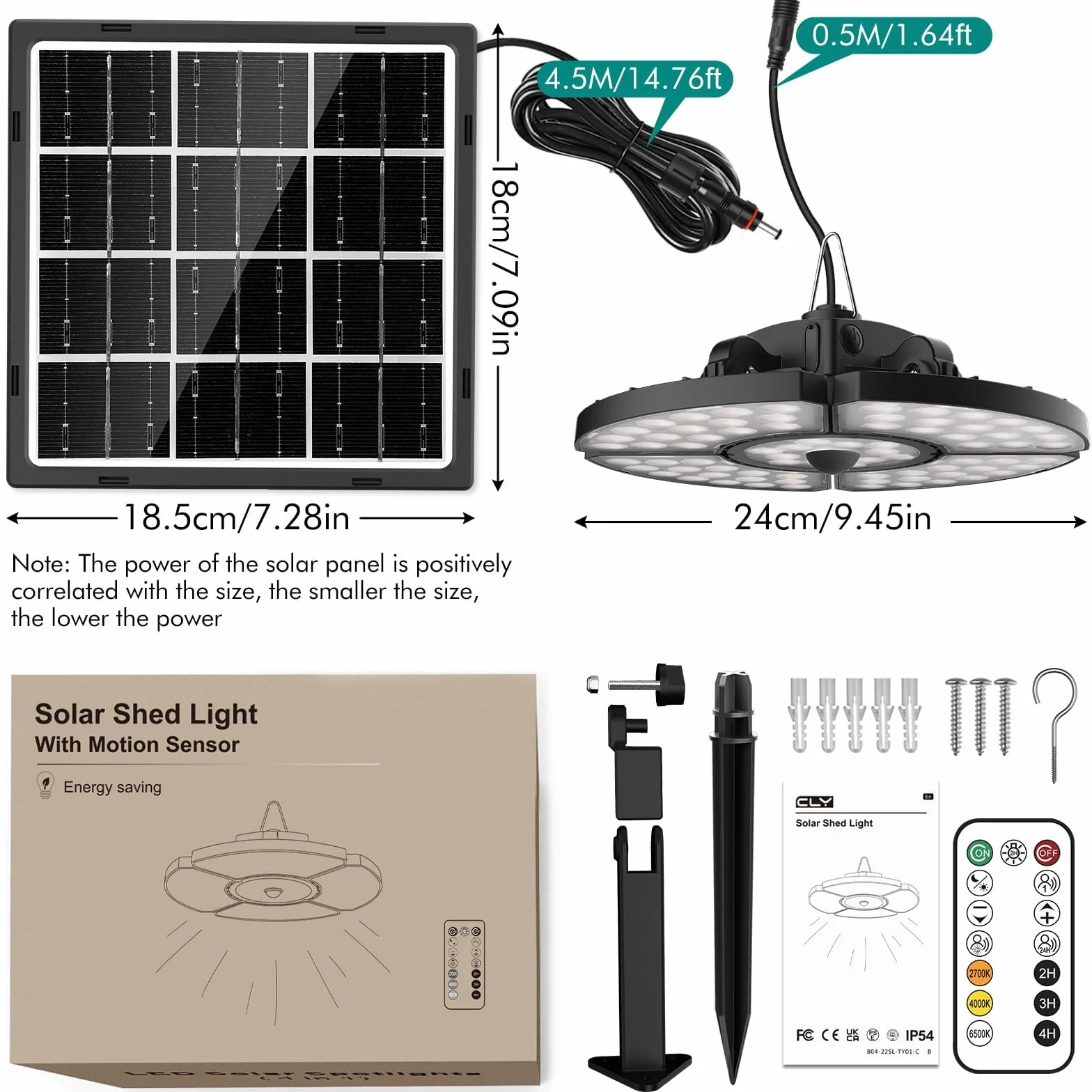 CLV Solarne lampy wiszące do użytku na zewnątrz, do wnętrz, 5000 MHA, 6 trybów, lampa wisząca z pilotem zdalnego sterowania, 2700 K/4000 K/6500 K, możliwość ściemniania, 4 zdeformowane głowice, super