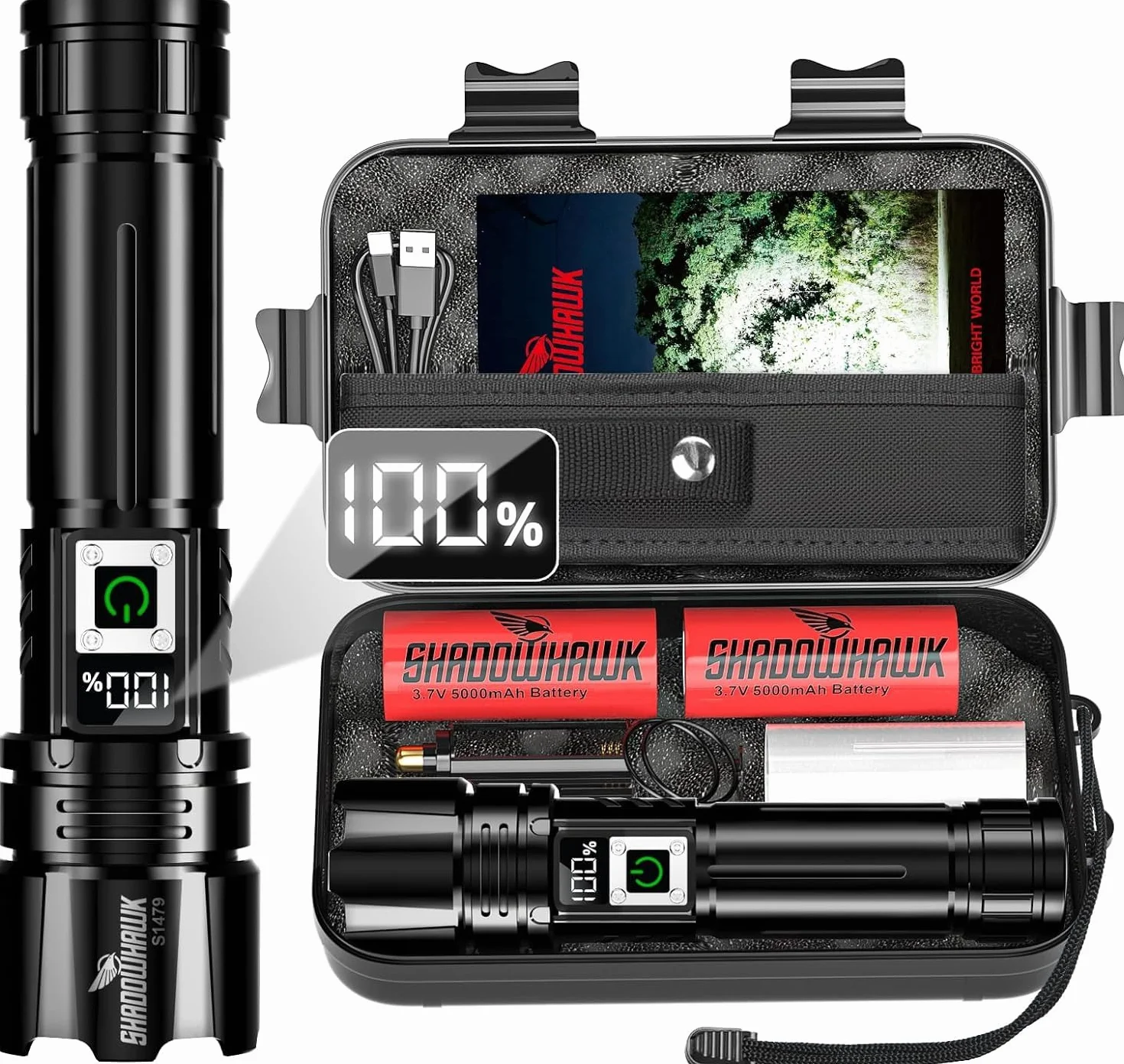 Shadowhawk Latarka Led o dużej mocy 24 godziny, wojskowa latarka ładowalna 1000000 lumenów (bateria 2 x 5000 mAh), dalekiego zasięgu do biwakowania/wędrówek, z wyświetlaczem LCD