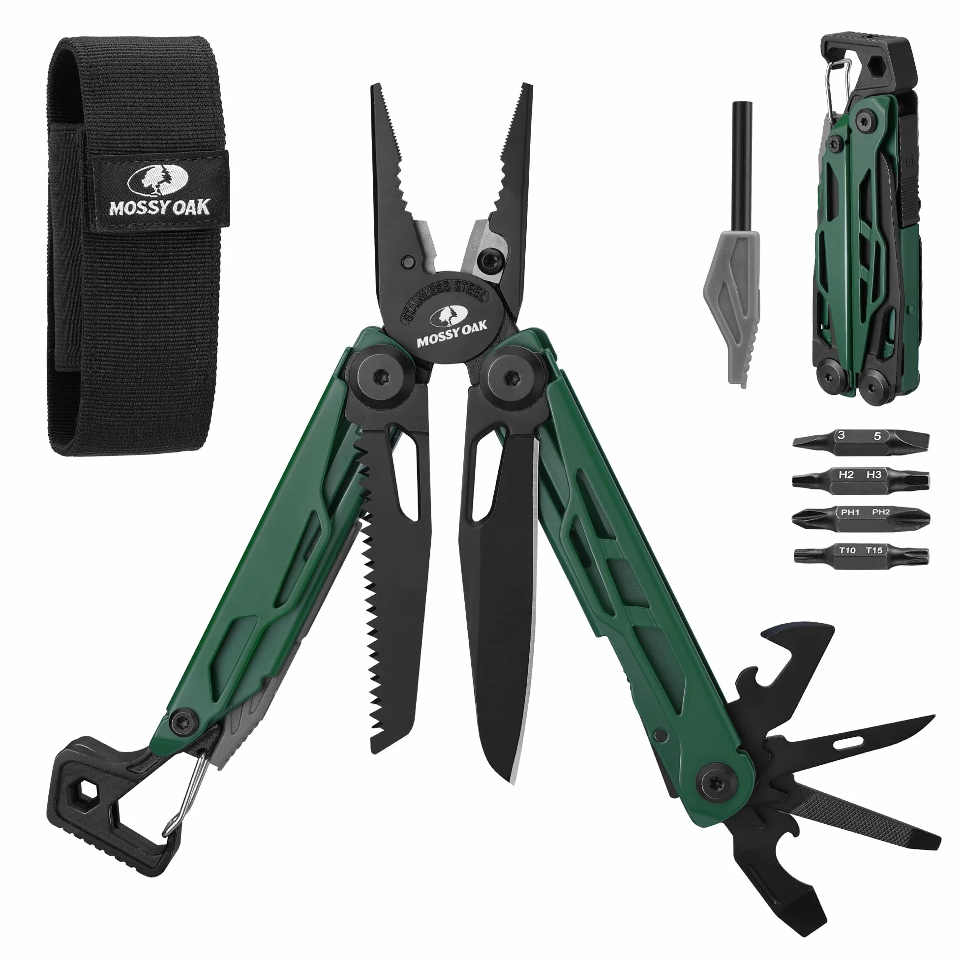 Mossy Oak Szczypce wielofunkcyjne, 27 w 1 narzędzie multitool, składane narzędzie wielofunkcyjne ze stali nierdzewnej, wielofunkcyjne szczypce z 4 bitami, nóż, do wędrówek, kempingu, napraw z torbą do