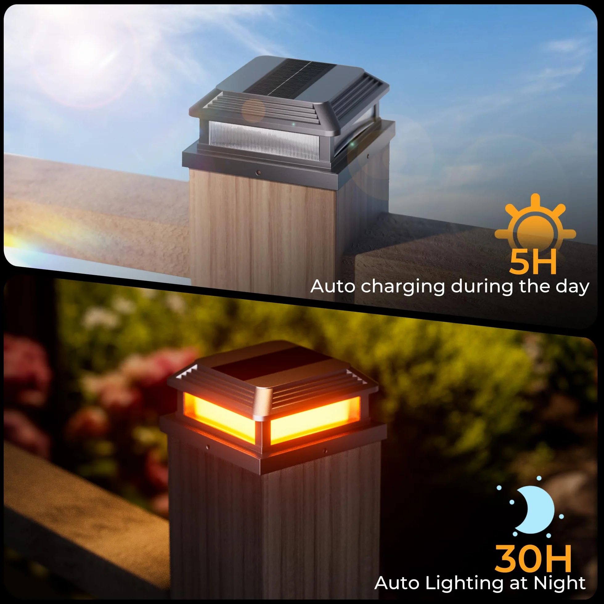 Quntis Zestaw 4 lamp solarnych na słupki ogrodzeniowe, lampy ogrodowe typu Flame z 5 trybami świecenia, lampy solarne na słupki o wymiarach – taras, patio, do ogrodu, podwórko, werandę i ścieżki