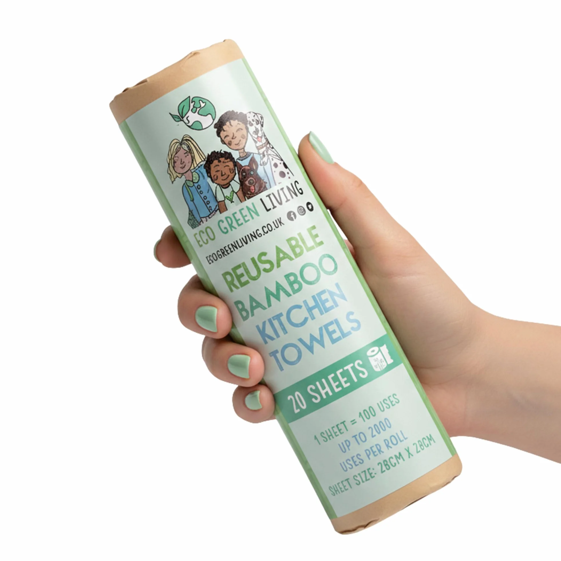 Eco Green Living Bambusowe ręczniki wielokrotnego, zmywalne, ekologiczna alternatywa dla ręczników papierowych, niezawierające plastiku, do 100 zastosowań na arkusz, 3 rolki x 20 arkuszy