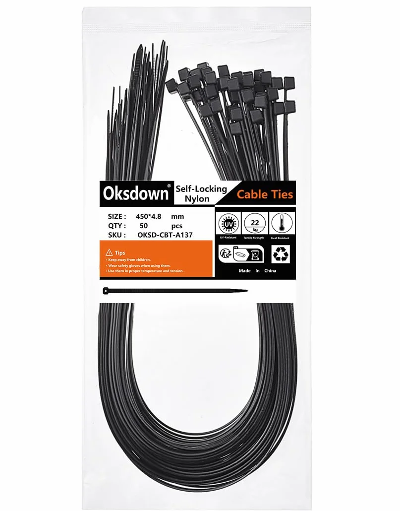 Opaski kablowe, 450 x 4,8 mm, czarne, grube, wytrzymałe, duże, nylonowe, plastikowe, samozaciskowe, 45 cm, bardzo długie opaski, 50 sztuk