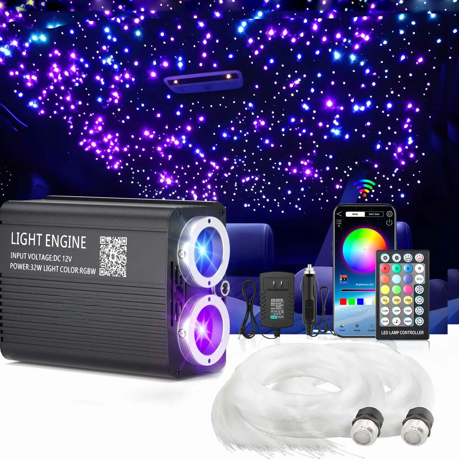 Twinkle LED gwiaździste niebo zestaw włókien świetlnych 32 W, 1100 x 0,75 mm x 4 m, podwójny port, aplikacja / pilot zdalnego sterowania do samochodu, domu, na imprezę, migoczące oświetlenie
