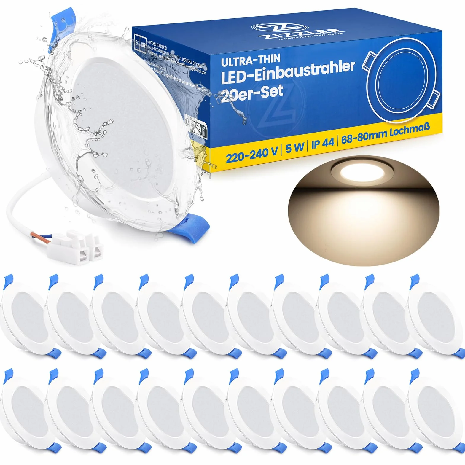 Reflektory LED Wpuszczane Sufitowe 4000K IP44 5W 400lm 220-240V Otwór 68mm Zestaw 20 Sztuk